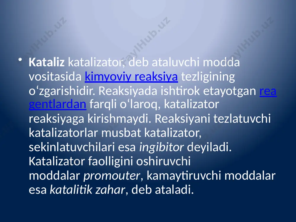 ashtirish darajasiga bogʻliq. bu jarayonning asosiy kamchiligi mahsulot tarkibidan katalizatorni ajratib olish (tozalash) zarur boʻladi. geterogen k.da katalizator sifatida qattiq moddalar ishlatiladi. ularning sharsimon, granulasimon, spiralsimon va b. turlari maʼlum. shuningdek, bu katalizatorlar tarkibiga koʻra, bir, ikki yoki koʻp komponentli, holatiga qarab oksidsimon, metallsimon boʻladi. geterogen k. baʼzan kontakt k. deb ham ataladi. bu jarayon nihoyasida mahsulotdan (suyuq yoki fazadagi) katalizator oson ajratib olinadi. shu sababli geterogen k. sanoatda keng qoʻllaniladi. mikrogeterogen k.da reaksiya suyuq fazada boradi, katalizator sifatida kolloid zarrachalar ishtirok etadi. fermentativ k. oʻsimlik yoki hayvon toʻqimalarida sodir boʻladi, bu reaksiyada katalizator sifatida kolloid holdagi oqsil zarrachalari — fermentlar xizmat qiladi. baʼzi moddalar kimyoviy reaksiya tezligini susaytiradi yoki toʻxtatadi. bunday moddalar antikatalizator yoki ingibitorlar deb ataladi. bu holatni manfiy k. deyiladi. sanoatda, asosan, musbat k. katta ahamiyatga ega. katalizator qoʻllanganga bir vaqtda borishi mumkin boʻlgan parallel reaksiyalardan faqat birining tezligi ortadi. boshqalari esa toʻxtaydi (selektiv k.). mas:[ad]sn2—sn2[pd] [si]k. …