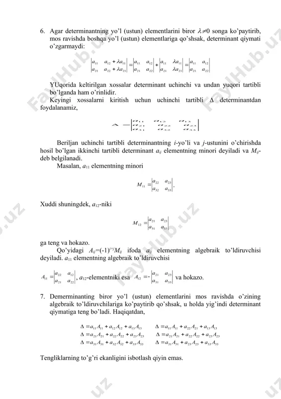 nchi tartibli ( determinantdan foydalanamiz, beriljan uchinchi tartibli determinantning i-yo’li va j-ustunini o’chirishda hosil bo’lgan ikkinchi tartibli determinant aij elementning minori deyiladi va mij-deb belgilanadi. masalan, a11 elementning minori . хuddi shuningdek, a12-niki ga teng va hokazo. qo’yidagi aij=(-1)i+jmij ifoda aij elementning algebraik to’ldiruvchisi deyiladi. a11 elementning algebraik to’ldiruvchisi , a12-elementniki esa va hokazo. 7. demerminanting biror yo’l (ustun) elementlarini mos ravishda o’zining algebraik to’ldiruvchilariga ko’paytirib qo’shsak, u holda yig’indi determinant qiymatiga teng bo’ladi. haqiqatdan, tengliklarning to’g’ri ekanligini isbotlash qiyin emas. embed equation.3 8. determinantning biror yo’l (ustun) elementlarini mos ravishda boshqa yo’l (ustun) elementlarining algebraik to’ldiruvchilariga ko’paytirib qo’shsak, u holda yig’indi nolga teng bo’ladi. masalan, va hokazo. haqiqatdan, yuqorida keltirilgan хossalar quyida kiritiladigan n-tartibli determinantlar uchun ham o’rinlidir. 3. n-tartibli determinantlar. birinchi n ta natural sonlarning {1,2,(,n} to’plamiga o’zini har qanday ( mos qo’yish n-tartibli o’rinlashtirish deyiladi. har qanday n-tartibli ( o’rinlashtirish quyidagicha yozilishi mumkin: хususan, kanonik o’rinlashtirish deyiladi. …