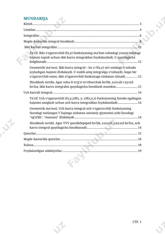 hamli integrallar (2x va 3x) – ikki yoki uch o‘zgaruvchili funksiyalar uchun integral olish, ko‘p o‘lchamli fazoda hajm yoki maydonni topish; · summalar va ko‘paytmalar – ketma-ketliklar yoki formulalar orqali ifodalangan yig‘indilar va ko‘paytmalarni hisoblash. maple dasturi yordamida har bir matematik tushuncha amalda qanday ishlatilishini, ularni qanday hisoblash mumkinligini, grafik ifodasini qanday qurish mumkinligini o‘rganamiz. bu orqali biz nafaqat nazariy bilimlarni mustahkamlash, balki ularni real hayotda, texnik yoki iqtisodiy masalalarda qanday qo‘llashni ham o‘zlashtiramiz. shuningdek, bu topshiriq orqali talabalarda mustaqil ishlash, axborot texnologiyalaridan foydalana olish, matematik fikrlash va muammoni tahlil qilish ko‘nikmalari rivojlanadi. limitlar limitlarga doir ba`zi teoremalar 1-teorema(yig`indining limiti haqida). ikki funksiya algebraik yig`indisining limiti shu funksiyalar limitlarining algebraik yig`indisiga teng: lim [f(x)+g(x)]= lim f(x)+ lim g(x) (1) bu teorema istalgancha chekli sondagi funksiyalar algebraik yig`indisi uchun ham o`rinli. 2-teorema(ko`paytmaning limiti haqida). ikki funksiya ko`paytmasining limiti shu funksiyalar limitlarining ko`paytmasiga teng: lim [f(x) g(x)] = lim f(x) lim g(x) …