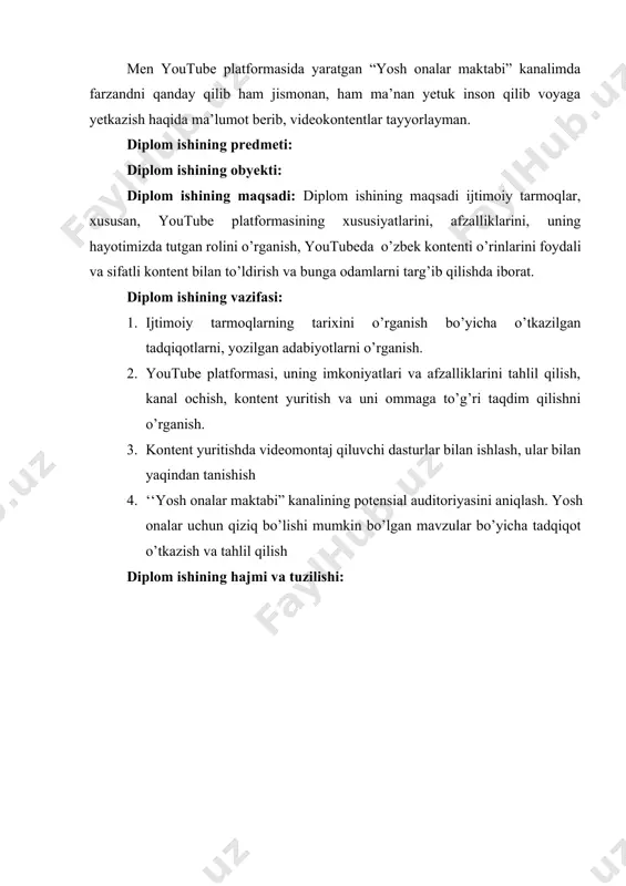 iqlash. yosh onalar uchun qiziq bo’lishi mumkin bo’lgan mavzular bo’yicha tadqiqot o’tkazish va tahlil qilish diplom ishining hajmi va tuzilishi: i. ijtimoiy tarmoqlar haqida umumiy tushunchalar va ularning hayotimizda tutgan o’rni 1.1. ijtimoiy tarmoqlarning kelib chiqish tarixi, turlari, klassifikatsiyasi va bugungi kundagi vazifasi bir asrdan kamroq vaqt ichida ijtimoiy media to’g’ridan-to’g’ri elektron ma’lumotlar almashinuvidan virtual yig’ilish joyiga, chakana savdo maydonchasiga va 21-asrning muhim marketing vositasiga aylandi. ijtimoiy tarmoqlar 1844-yil 24-mayda telegraf mashinasida qo’l bilan chertib qo’yilgan bir qator elektron nuqta va chiziqchalar bilan boshlangan. raqamli aloqaning ildizlari chuqur bo’lsa-da, bugungi internet va ijtimoiy tarmoqlarning zamonaviy kelib chiqishi haqidagi ko’plab zamonaviy hisoblar 1969-yilda ilg’or tadqiqot loyihalari agentligi tarmog’i – arpanet bo’lganini ma’lum qiladi. zamonaviy ijtimoiy tarmoq nazariyasi 1951-yilda anatoliy rapoport va rey solomonoff tomonidan yaratilgan. 1959-1968-yillarda vengriyalik matematiklar alfred reni va pol erdos ijtimoiy tarmoqlarni shakllantirish tamoyillarini tavsiflovchi sakkizta maqola yozdilar. shu bilan birga, ijtimoiy tarmoqlar bugungi kunda odamlarning internetda o’tkazadigan …