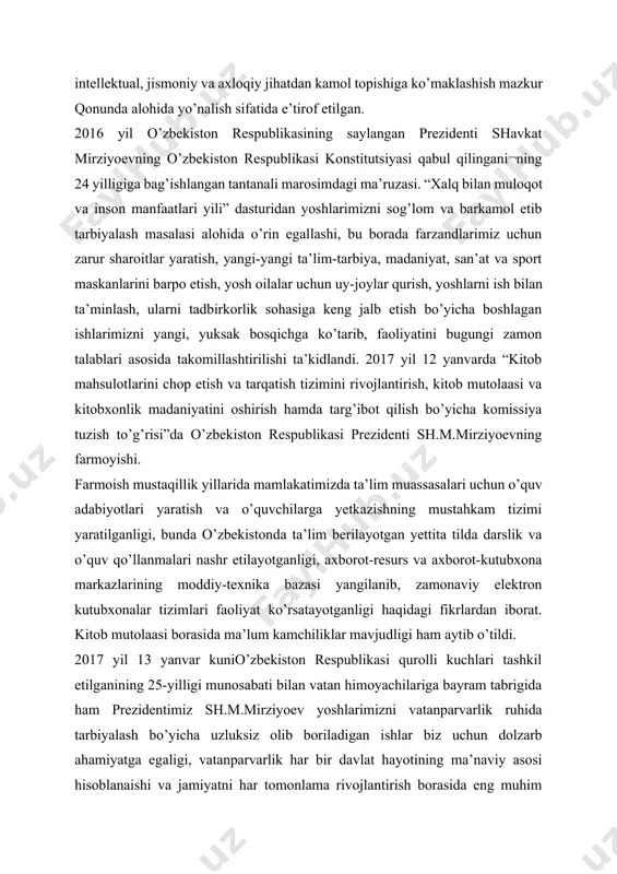 ish borasida eng muhim safarbar etuvchi kuch sifatida namoyon bo’layotganligi, fuqarolarimizda bizga mutlaqo yot bo’lgan zararli ta’sirlarga qarshi mustahkam immunitetni shakllantirish va vatanimiz taqdiri uchun mas’uliyat tuyg’usini mustahkamlash bo’yicha aniq chora-tadbirlarni ko’rishimiz zarurligini ta’kidlangan. 2017 yil 15 yanvar kuni “tanqidiy tahlil, qat’iy tartib-intizom va shaxsiy javobgarlik – har bir rahbar faoliyatining kundalik qoidasi bo’lishi kerak” o’zbekiston respublikasi prezidenti sh.m. mirziyoevning mamlakatimizni 2016 yilda ijtimoiy-iqtisodiy rivojlantirishning asosiy yakunlari va 2017 yilga mo’ljallangan iqtisodiy dasturning eng muhim ustuvor yo’nalishlariga bag’ishlangan vazirlar mahkamasining kengaytirilgan majlisidagi ma’ruzasi ham yoshlarni har tamonlama rivojlanishi masalalarini qabrab olgan. mamlakatimizda barkamol avlodni shakllantirish, yoshlarni ma’naviy-axloqiy va jismonan sog‘lom etib tarbiyalash, ularni olib borilayotgan islohotlarning faol ishtirokchisiga aylantirishga qaratilgan chora-tadbirlar izchil amalga oshirilmoqda. jumladan, maktabgacha ta’limning zamonaviy tizimi, 11 yillik umumiy o‘rta ta’lim joriy qilinmoqda, zamonaviy oliy ta’lim muassasalari hamda nufuzli xorijiy universitetlarning filiallari tashkil etilmoqda. yoshlarning bandligini ta’minlash va ularni tadbirkorlik faoliyatiga keng jalb qilish bo‘yicha ishlarni mutlaqo …