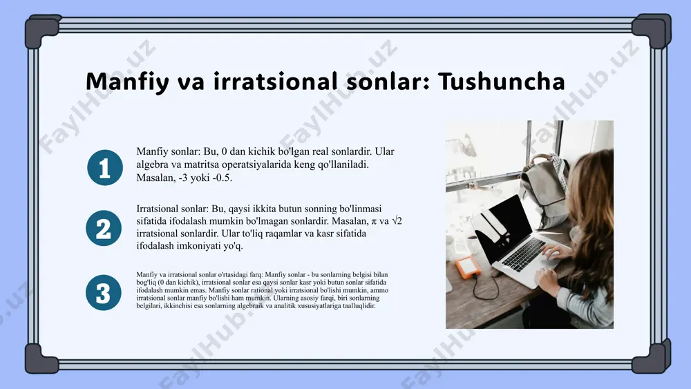 azariy bilimlarni real hayotdagi muammolarni hal qilishda qo'llay oladi va mavzuni chuqurroq tushunadi. misollar va amaliyotlar: o'qitish jarayoni misollarni tanlashda qiyinlik darajasini ehtiyotkorlik bilan belgilash muhim, bu o'quvchilarning tushunishini oshiradi. masalan, murakkab irratsional sonlar uchun oddiy va aniq misollar tanlash zarur. o'qitishda amaliyotlarni berish usullari xilma-xil bo'lib, ular o'qitish metodlari va yondashuvlariga bog'liq. masalan, qiyin misollarni bosqichma-bosqich yechish yoki interaktiv mashg'ulotlar o'tkazish mumkin. o'qitish jarayonida natijalarni baholash uchun testlar, og'zaki so'rovlar yoki yozma ishlanmalar qo'llaniladi. bu usullar yordamida o'quvchilarning qobiliyatlari va tushunchalar darajasi aniqlanadi. xulosa presentatsiya davomida manfiy va irratsional sonlarning tushunchasi va xususiyatlari muhimligi ta'kidlandi. haqiqiy sonlarni o'qitish metodikasi va yondashuvlari muhim ahamiyatga ega, innovatsion usullar bilan rivojlantirilishi zarur. amaliy mashg'ulotlar va misollar tushunchalarni mustahkamlashda muhim vositalardir. o'qitish vositalari va baholash usullari natijalarni yaxshilashga yordam beradi. bu bilimlar matematika o'qitishining samaradorligini oshiradi va o'quvchilarning qiziqishini kuchaytiradi. foydalanilgan adabiyotlar 1. o‘qituvchi va ta’lim metodikasi. (2020). o‘zbekiston respublikasi ta’lim vazirligi nashriyoti. …