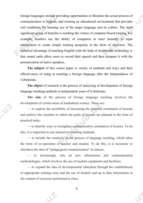 plied by teachers of any subjects in primary and secondary schools. the bibliography contains the most known and important researches for the given work of teachers-innovators and scientists: psychologists, didactists, methodologists. the appendix included some exercises that for any reasons has not come in the basic part of course work. chapter i teaching and learning foreign languages in uzbekistan for independence years 1.1 foreign languages teaching reforms in uzbekistan. the end of 1990’s and beginning of 2000’s marked a new era in foreign languages teaching in uzbekistan when all stakeholders including teachers, students, schools, colleges, and universities started to feel that they were ready for change in the way foreign languages were taught and learned. nevertheless, there was uncertainty on how these changes would be implemented, what kind of changes should be introduced, who would be the initiator of the changes and what people’s reactions would be to the changes …