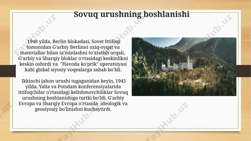 lion nemis askari asirga olindi va mamlakat 4 ta ishg'ol zonasiga bo'lindi. xulosa ikkinchi jahon urushi davrida, 1945-yil may oyida germaniyaning be shart taslim bo‘lishi, berlin shahri egallab olingandan so‘ng, fashistlar germaniyasining qulashiga olib keldi. qizil armiya va ittifoqdosh kuchlarning birgalikdagi harakatlari natijasida taxminan 6 million nemis askari asirga olindi va 10 million nafardan ortiq nemis fuqarosi qochqinlar holatiga tushib qoldi. partizanlar urushi partizanlarning muvaffaqiyati, qisman, ularning belgrad, zagreb va boshqa shaharlar atrofidagi tog'li hududlaridagi samarali partizan urush taktikasiga bog'liq edi. ikkinchi jahon urushi davrida yugoslaviyada partizanlar harakati 1941-yilning yozida boshlanib, taxminan 1,7 million askardan iborat edi va ular fashistlarga qarshi kurashda muhim rol o'ynadilar. atom bombasi va uning oqibatlari хиросимага 1945 йил 6 августда ташланган атом бомбаси 80 000 дан ортиқ одамнинг ҳаётига зомин бўлди ва шаҳарни вайрон қилди, минглаб одамлар радиациядан оқибатларга учради. нагасакига ташланган иккинчи атом бомбаси 40 000 дан ортиқ инсоннинг ҳаётига нуқта қўйди ва узоқ …