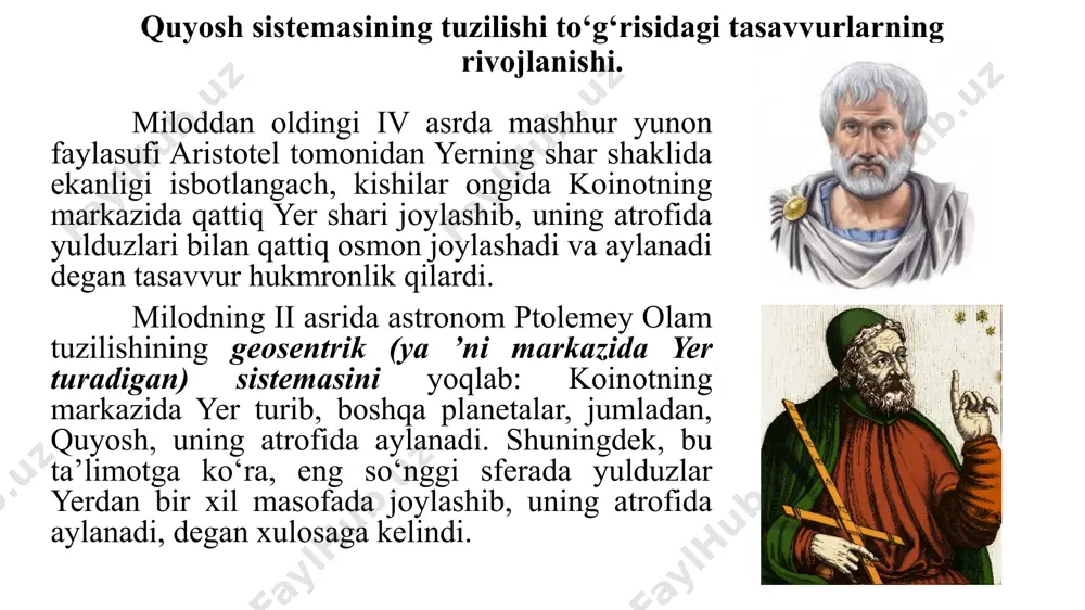 ‘rinadi. tashqi planetaga tegishli 5-holat qo‘shilish (ya’ni quyosh bilan qo‘shilish), 6-holat qarama-qarshi turish (ya’ni quyoshga nisbatan qarama-qarshi turish) deyiladi. keyingi 6-holatida planeta quyoshdan 180° li burchak masofada joylashadi. tashqi planeta 5-holatda quyosh bilan qo‘shilib, yerdagi kuzatuvchi uchun o‘zining ko‘rinmaydigan davrini o‘tayotgan bo‘ladi. 6-holatda esa quyoshga qarama-qarshi turganidan, quyosh botishi bilan planeta sharq tomonda gori- zontdan ko‘tariladi va butun tun davomida uni kuzatish mumkin bo‘ladi. planetaning 7- va 8-holatlari, mos ravishda, uning sharqiy va g‘arbiy kvadratura holatlari deyiladi. planeta 7-holatda bo‘lganda, uni quyosh botgandan to yarim kechagacha, 8-holatda bo‘lganda esa uni yarim kechadan to erta tonggacha gorizont ustida ko‘rish mumkin bo‘ladi. planetalarning quyosh atrofida aylanish davrlari planetalarning quyosh atrofida haqiqiy aylanish davrlari ularning siderik yoki yulduz davri deyiladi. planetaning siderik davri (tpl) deb, quyoshdan qaraganda uning ma’lum bir yulduzga nisbatan to‘la aylanib chiqishi uchun ketgan vaqtga aytiladi. planetaning sinodik davri (spl) deb esa, yerning konfiguratsion holatlarining ixtiyoriy biridan ikki marta ketma-ket …