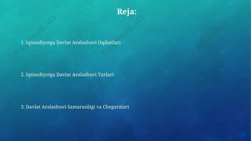 ing o'zgarishi mikrofirmalarning 15% ga yaqinining faoliyatini to'xtatishga majbur qilgan. davlatning iqtisodiyotga aralashuvining shakllari davlatning iqtisodiyotga aralashuvining bir shakli sifatida 2023-yilda o‘zbekistonda amalga oshirilgan 5 milliard dollarlik infratuzilma loyihalarini moliyalashtirish, xususiy sektorning rivojlanishiga ko‘maklashish maqsadida davlat tomonidan subsidiya berishni o‘z ichiga oladi. davlatning iqtisodiyotga aralashuvining yana bir muhim usuli – monetаr siyosat orqali, masalan, markaziy bank tomonidan asosiy stavkani 14% dan 16% gacha oshirish orqali inflyatsiyani nazorat qilishdir. davlatning iqtisodiyotga aralashuvi samaradorligini baholash 2008-yilgi global moliyaviy inqirozdan keyin aqsh hukumati tomonidan amalga oshirilgan 700 milliard dollarlik qutqaruv paketi iqtisodiyotni barqarorlashtirishda samaradorligini baholashda turli iqtisodchilar o'rtasida 10 foizdan ortiq farq kuzatildi. jahon banki ma'lumotlariga ko'ra, o'zbekistondagi davlatning kichik va o'rta korxonalarga bergan subsidiyalari samaradorligi 25% atrofida bo'lib, bu byudjet mablag'larining samarali sarflanmaganligini ko'rsatadi. makroiqtisodiyotdagi davlat siyosati 2022-yilda o'zbekistonda yalpi ichki mahsulotning 30% dan ortig'i davlat sektoriga to'g'ri keldi, bu esa davlatning iqtisodiyotga kuchli ta'sirini ko'rsatadi. andijon viloyatida davlat tomonidan amalga oshirilgan …