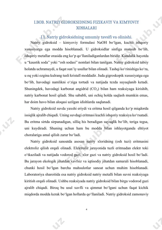 rga ega.“natriy gidroksidning fizikaviy xossalari uning keng qo‘llanilishiga sabab bo‘ladi, ayniqsa, asos sifatida ishlatiladigan reaktiv sifatida kimyo sanoatida juda muhim o‘rin tutadi.natriy gidroksid suvda juda yaxshi eriydi va bu jarayon davomida ko‘p miqdorda issiqlik ajralib chiqadi. uning suvdagi eritmasi ishqoriy muhitga ega bo‘lib, uni litmus qog‘ozi yordamida aniqlash mumkin: litmus qog‘ozi ko‘k rangga o‘zgaradi. ushbu modda kuchli ishqorlar qatoriga kiradi va xalq orasida kaustik soda yoki natriy ishqori nomlari bilan ham tanilgan. u qattiq holatda yoki eritma ko‘rinishida ishlatiladi. natriy gidroksidning molekulyar og‘irligi 40 g/mol ni tashkil etadi. yuqori kimyoviy faollik, ya’ni kislotalar, kislotali oksidlar va ba’zi tuzlar bilan reaksiyaga kirishish xususiyati uning amaliyotda keng qo‘llanilishiga zamin yaratgan. natriy gidroksid sanoat miqyosida asosan elektroliz usuli orqali olinadi. bu usulda natriy xloridning (nacl) suvli eritmasi elektroliz qilinadi. jarayon davomida katodda vodorod (h₂) ajraladi, anodda esa xlor (cl₂) gazi chiqadi, natriy gidroksid esa eritmada qoladi. ushbu reaksiya quyidagicha yoziladi: 2nacl + 2h₂o …