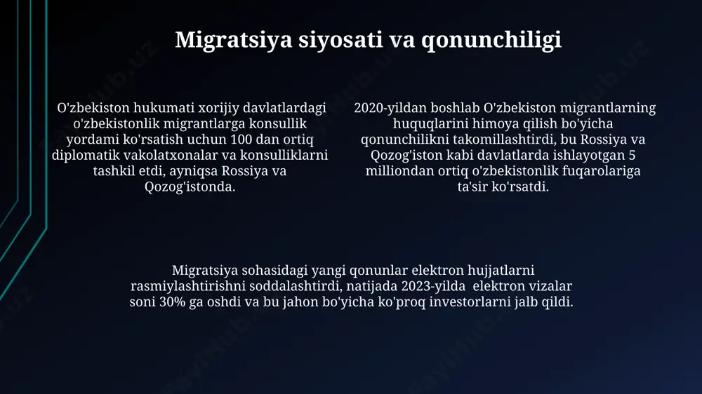 dollaridan ortiq mablag' kirdi, bu mamlakat iqtisodiyotining sezilarli darajada qo'llab-quvvatlanishini ko'rsatadi. mehnat migratsiyasi tufayli o'zbekistonda 2023 yilda qishloq xo'jaligi va qurilish kabi sohalarda mehnat resurslari tanqisligi kuzatildi, bu esa ish haqining oshishiga va ishlab chiqarishning pasayishiga olib keldi. tashqi migratsiya natijasida o'zbekistonning 2021 yildagi savdo balansi salbiy ta'sirga duch keldi, chunki rossiya va qozog'iston kabi davlatlarga eksport qilinadigan mahsulotlar soni kamaydi. e'tiboringiz uchun rahmat @taqdimot_robot