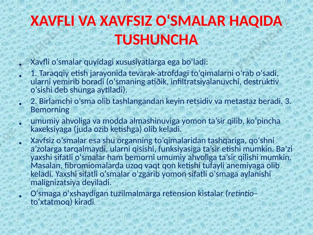 ilan to‘qimalarga proteolitik ta’sir qilib ularni parchalab, undan ham chuqurroqdagi qismlarni zararlantirishi mumkin. endometrioz chegarasi notekis bo‘lib, u seroz, mushak va shilliq qavatlarga, teriga, suyakusti pardasiga, hatto suyak to‘qimasiga ham o‘sib kiradi. endometrioz pufakchasi yorilganda a’zoning hamma qismlariga qon, limfa yo‘llari orqali tarqalishi kuzatiladi. ginekologik kasalliklar orasida endometrioz 8–30% hollarda uchraydi. k l i n i k a s i endometriozning qaysi sohada joylashganligiga bog‘liq. endometriozning asosiy va doimiy belgilaridan biri –og‘riqdir. bemor qorinning pastki sohasida va belida kuchsiz, uzoq davom etadigan og‘riqdan, hayz sikli davrida og‘riqlar kuchayganligidan shikoyat qiladi. og‘riq hayz kunlaridan oldin paydo bo‘lib, kuchayib hayz kunlari va undan keyin ham bemorni bezovta qiladi. bu og‘riqlar endometrioz o‘chog‘idagi bez to‘qimalarning bo‘rtishi, to‘qimalarning ichi berk bo‘shliqlarida suyuqlikning to‘planishi natijasida kelib chiqadi. bachadon endometriozi hayz siklining buzilishiga, qo‘shni a’zolardan – to‘g‘ri ichak, siydik chiqarish yo‘llari faoliyatining buzilishiga olib keladi. shunga ko‘ra, ayol siyish vaqtida og‘riqlar bo‘lishidan, tez-tez siyishidan shikoyat qiladi. …
