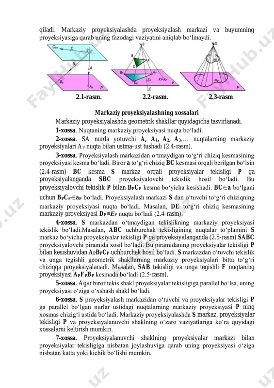 i bilan cheksiz uzoqlikda kesishib, cp xosmas nuqtani hosil qiladi. sa, sb, sc,… to‘g‘ri chiziqlar proyeksiyalovchi nurlar deb yuritiladi. fazodagi biror nuqtalar to‘plamini proyeksiyalash markazi s orqali p proyeksiyalar tekisligiga proyeksiyalanganda s markazli to‘g‘ri chiziqlar dastasi hosil bo‘ladi. bu dastani proyeksiyalar tekisligi p bilan kesishuvidan hosil bo‘lgan nuqtalar to‘plami fazodagi ma’lum bir nuqtalar to‘plamining tasviri bo‘ladi. masalan, abd uchburchakning markaziy proyeksiyasi apbpdp uchburchak bo‘ladi (2.2-rasm). proyeksiyalar tekisligining ostida joylashgan e nuqtaning ep proyeksiyasi se∩p=ep bilan aniqlanadi. proyeksiyalar tekisligida yotgan k nuqtaning kp markaziy proyeksiyasi nuqtaning o‘zi bilan ustma-ust (k kp) tushadi. markaziy proyeksiyalash konusli yoki qutbli proyeksiyalash, yoxud perspektiva deb ham yuritiladi. masalan, markaziy proyeksiyalash apparatida biror m egri chiziq berilgan bo‘lsin (2.3-rasm). m egri chiziqning nuqtalari to‘plamini proyeksiyalar tekiligiga s markaz orqali proyeksiyalansa, uning proyeksiyasi mp egri chiziq hosil bo‘ladi. u holda s markazdan o‘tuvchi proyeksiyalovchi nurlar to‘plami konus sirtini hosil qiladi. markaziy proyeksiyalashda proyeksiyalash markazi va buyumning proyeksiyasiga …