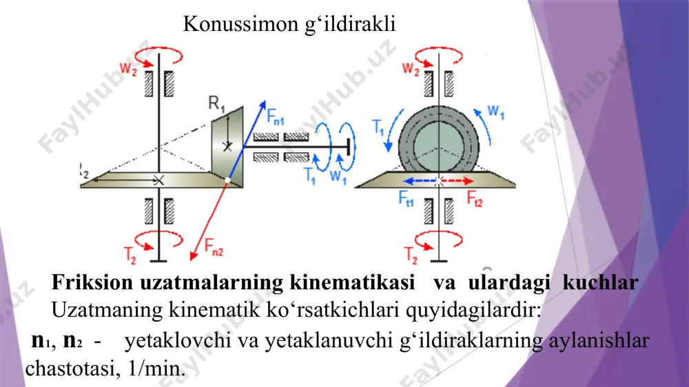ildiraklarni tayorlashda шх-15, 18х2н4ма, 40хнд kabi sharikopodshipnik va legirlangan hamda toblangan poiatlar, 16л, 24а, кф-3 kabi sellyuloza bilan to‘ldirilgan friksion plastmassalar, tekstolit, getinaks, fibra kabi materiallari ishlatilishi mumkin. friksion uzatmalar moyli va moysiz sharoitlarda ishlatilishi mumkin. moysiz holda ular ishlatilganda yuklanish qobiliyati, ishqalanish koeffitsiyenti katta bo‘lganligi uchun, yuqoriroq bo‘ladi, ammo o‘ta yuklanish chog‘ida kontakt yuzalaming qizishi va shikastlanishi yuz beradi. moyli sharoit ishqalanish koeffitsiyentini kamaytirsada, uzatmaning ish maromini barqarorlashtiradi, umrboqiyligini va ishonchliligini ta’minlaydi. friksion uzatmalarni moylashda maxsus ishqalanish koeffitsiyentini oshiruvchi moylar, jumladan, santotrac-50, btm-1, btm-2 va boshqa moylar qo‘llaniladi. yopiq friksion uzatmalarda, to‘liq moylash va abraziv zarrachalardan muhofaza qilingan ish sharoitlarida, toliqishdan uvalanish uchraydi. siquvchi fr kuch dumalash jismlarining teginish joylarida davriy ravishda o‘zgaradigan yuqori kontakt kuchlanishlarni hosil qiladi. bunday yuqori kontakt kuchlanishlarning kattalashuvi va kontakt yuzalarda material dislokatsiyasining jamlanishi mikro yoriqchalarnining paydo bo‘lishiga va natijada, toliqishdan uvalanishga olib keladi. ishchi yuzalarning shikastlanish miqdori kontakt kuchlanishlarga bog‘liqdir. toliqishdan uvalanishning oldini …