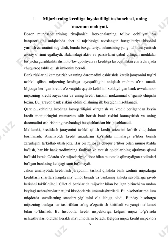 mumkin. biznes - reja. ko’pgina kredit zayavkalari hali moliya hisoboti va boshqa hujjatlarga ega bo’lmagan ishni endi boshlayotgan korxonalarni moliyalashtirish bilan bog’liq. bunday paytda qarz oluvchi kompaniya bankka kreditlanadigan loyiha maqsadi va uni amalga oshirish usullari xaqida ma’lumotlarni o’z ichiga oluvchi batafsil biznes - rejani taqdim etishi kerak. kredit inspektori kredit arizasi va unga kiritilgan hujjatlarni yaxshilab o’rganib chiqadi. bundan so’ng u kelgusi qarz oluvchi bilan yana bir bor suhbatlashadi. suhbat davomida kredit inspektori qarz oluvchi kompaniya (bank) ishlarini har tomonlama o’rganishi shart emas, u kreditor-bankni qiziqtiradigan savollarga kerakli darajada ahamiyat berishi kerak. ko’zga ko’ringan chet el banklarining amaliyoti shuni ko’rsatadiki, kelgusi mijoz bilan suhbat aniq bir tartibda berilgan quyidagi savollarga bog’liq bo’lishi mumkin. bank kreditlashning birinchi bosqichida quyidagilarni aniqlashi kerak: a. qarz oluvchining ishonchliligi va kreditga layoqatliligi, uning sherik sifatidagi faoliyati doimiyligi va samarasi. b. kredit zayavkasining asoslanganligi va kredit qaytarilishining ta’minlanganlik darajasi. bank kerak bo’lsa kredit taklifi bo’yicha …