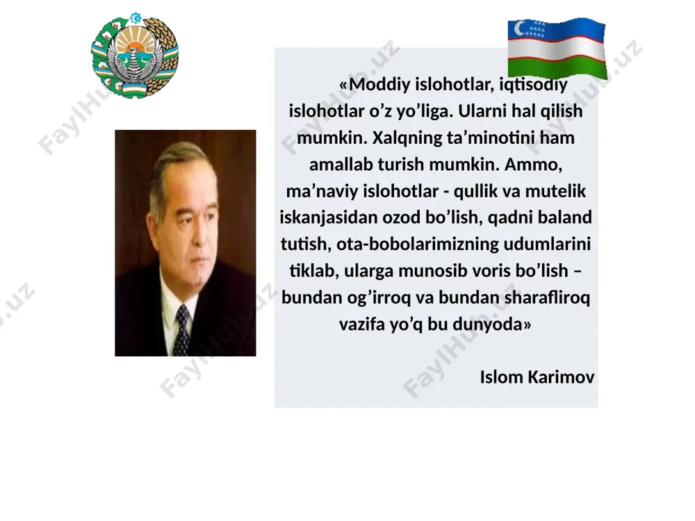 hlangan qator risolalar chop etildi. 1998 yil 23 oktyabrda samarqandda buyuk mutafakkir imom al-buxoriy tavalludining xijriy-qamariy tavqim bo’yicha 1225 yilligi nishonlandi. shu kuni xartang qishlog’ida imom al-buxoriy yodgorligi majmui ochildi. yubiley munosabati bilan ismoil al-buxoriyning 4 jildlik «al-jomi’ as-sahih» kitobi o’zbek tilida nashr etildi. 14 2000 yil 16-17 noyabr kunlari marg’ilonda islom huquqining asoschilaridan biri burxoniddin al-marg’inoniy tavalludining 910 yilligi, samarqandda imom abu mansur al-moturidiy tavalludining 1130 yilligi nishonlandi va ular xotirasiga bag’ishlab barpo etilgan yodgorlik majmualari ochildi. burhoniddin al-marg’inoniyning islom huquqiga bag’ishlangan «hidoya» kitobi nashr etildi. shuningdek, islom olamining taniqli allomalari imom abu iso at-termiziyning 1200 yilligi, mahmud az-zamaxshariyning 920 yilligi, najmiddin qubroning 850 yilligi, xoja ahror valiy tavalludining 600 yilligi keng ko’lamda nishonlandi. 15 hamma uchun vijdon erkinligi kafolatlanadi. har bir inson xohlagan dinga e’tiqod qilish yoki hech qaysi dinga e’tiqod qilmaslik huquqiga ega. diniy qarashlarni majburan singdirishga yo’l qo’yilmaydi. o’zbekiston respublikasining konstitutsiyasi, 35-modda muxtasar qilib aytganda, mustaqillik …