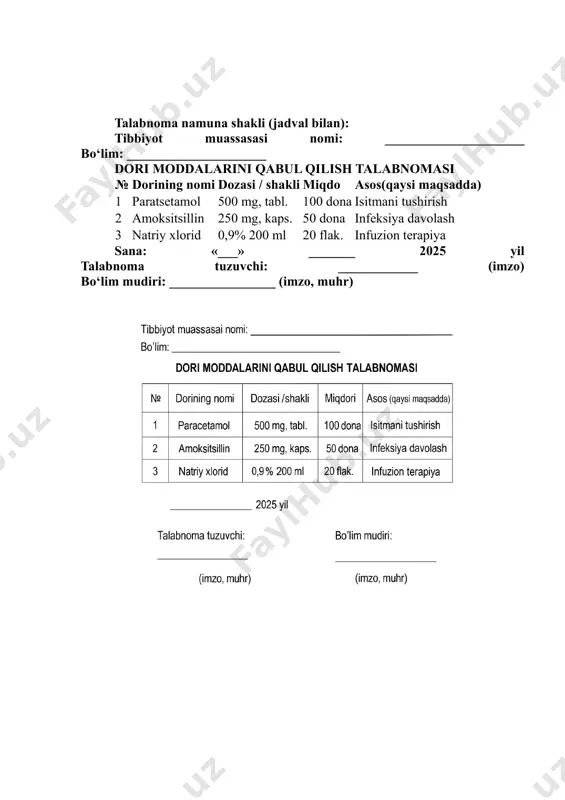 dalarini yuborishdan oldin hamshira bemor uchun xavfsiz va qulay sharoit yaratishi, hamda ishlatiladigan asbob-uskunalarni tayyorlashi kerak. bu bemorda asoratlarning oldini olish, dori to‘g‘ri va samarali yuborilishini ta’minlaydi. amalga oshirish tartibi: 1. bemorni tayyorlash: bemorni psixologik jihatdan tinchlantirish, unga jarayon haqida tushuntirish. qulay joylashtirish (yotqizish, o‘tkazish yoki qo‘lini tayyorlash, qaysi dori yuborilishiga qarab). shaxsiy gigiyena va maxfiylikka rioya qilish. 2. jihozlarni tayyorlash: steril shprits va igna. spirtli tampon yoki antiseptik vosita. dori vositasi (ampula, flakon, tabletka va h.k.). paxta, bint, lentalar. zararsizlantirish uchun maxsus idish (utilizatsiya qutisi). qo‘lqop va niqob. 3. sharoit yaratish: jarayon uchun toza va yoritilgan joy tanlash. infeksiyadan saqlanish choralarini ko‘rish (qo‘l yuvish, antiseptik ishlatish). favqulodda vaziyatlar uchun yordam ko‘rsatish vositalarini tayyorlab qo‘yish (masalan, allergiya bo‘lsa – antigistamin preparatlar). bosqich amalga oshirish jihozlar 1 bemorni tayyorlash (tushuntirish, joylashtirish, qulay sharoit yaratish) – 2 qo‘llarni yuvish va steril qo‘lqop kiyish qo‘lqop, antiseptik 3 dori vositasini tayyorlash ampula/flakon/tabletka 4 asboblarni …