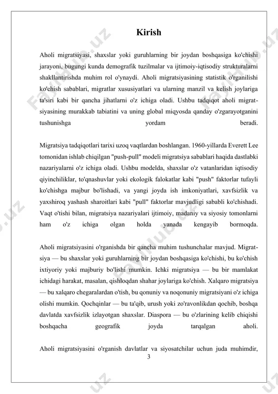 ingdek, muvaffaqiyatli integratsiya dasturlari to'g'risidagi misol tadqiqotlari yangi jamoalarida migrantlarni qo'llab-quvvatlash bo'yicha eng yaxshi amaliyotlar haqida qimmatli tushunchalar taklif qilishi mumkin. aholi migratsiyasini statistik o'rganish — bu global miqyosda jamiyatlarga jiddiy ta'sir ko'rsatadigan muhim tadqiqot sohasidir. migratsiyani ta'sir qiluvchi omillarni o'rganish, uning oqibatlarini tushunish va mavjud qiyinchiliklarni hal qilish orqali tadqiqotchilar va siyosatchilar bugungi kunda globalizatsiyalashgan dunyoda migratsiyaning murakkabliklarini yaxshiroq boshqarishlari mumkin. tadqiqotni davom ettirish, migratsiyaning ijobiy jihatlarini kuchaytirish va uning qiyinchiliklarini kamaytirish bo'yicha siyosatlarni ishlab chiqish uchun muhimdir. i. ijtimoiy omillar va migratsiya tendensiyalari 1.1 ijtimoiy omillar va migratsiya tendensiyalari ijtimoiy omillar va migratsiya tendensiyalari migratsiya jarayonining murakkab va ko'p qirrali xususiyatlarini tushunishda muhim ahamiyatga ega. migratsiya, odatda, iqtisodiy omillar bilan bog'liq bo'lsa-da, ijtimoiy omillar ham muhim rol o'ynaydi. bu omillar migratsiya jarayonini shakllantiradi va migrantlarning hayotiga ta'sir qiladi. ijtimoiy omillar, asosan, oilaviy munosabatlar, ta'lim darajasi, sog'liqni saqlash xizmatlari, madaniyat va ijtimoiy tarmoqlar kabi ko'plab faktorlarni o'z ichiga oladi. …