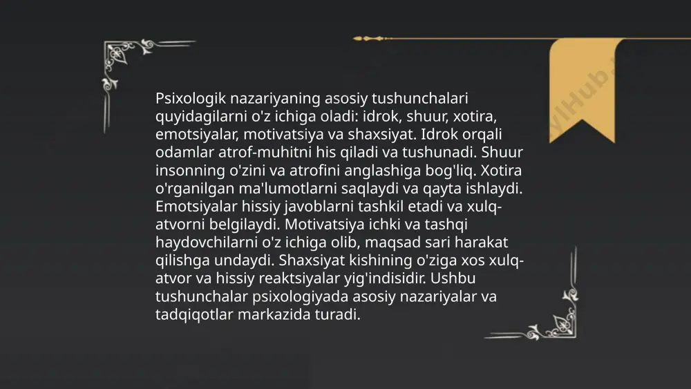 ral terapiya, psixologik nazariyalarga asoslanadi. yana bir misol, marketingda iste’molchi xulq-atvorini tushunishda psixologik nazariyalar foydali bo‘lib, bu orqali samarali reklama kampaniyalari yaratiladi. psixologik nazariyaning oziga xosligi gulzoda arazdurdiyeva e'tiboringiz uchun raxmat! image1.png image2.png image3.png image4.jpg image5.jpg image6.jpg image7.jpg /docprops/thumbnail.jpeg
