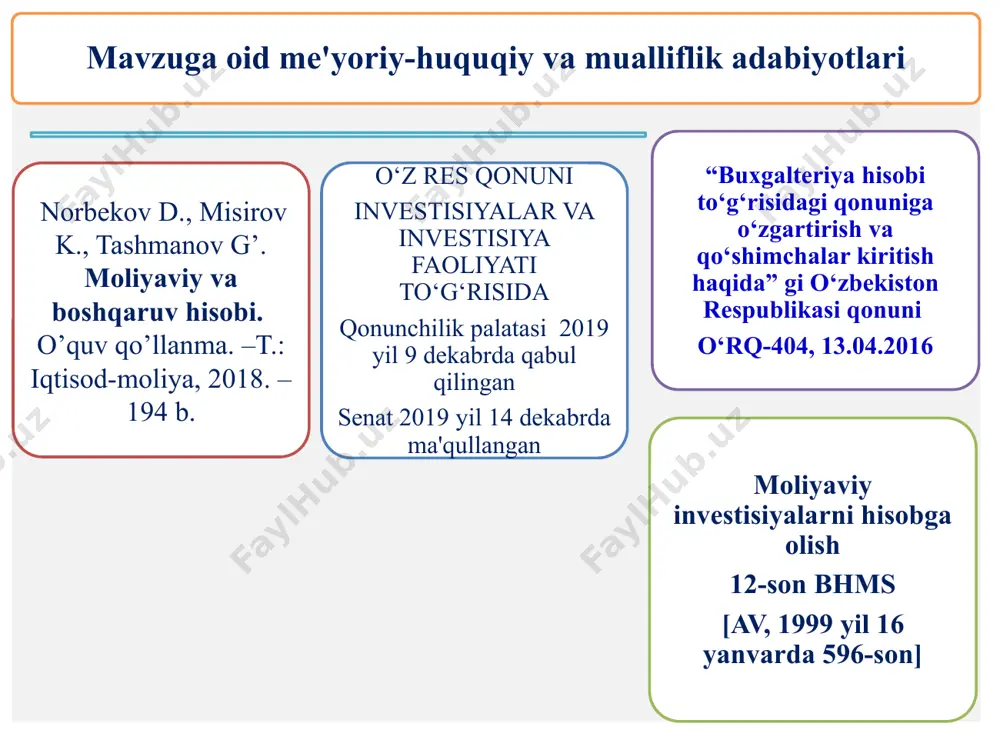 dor tomonidan sotuvchiga to‘langan foizlar summasini chiqarib tashlab, xarid qiymati bo‘yicha hisobga olinadi qarz qimmatli qog‘ozlarga investisiyalarning xarid qiymati bilan to‘lash qiymati o‘rtasidagi tafovut (diskont yoki xarid qilishdagi mukofot) investisiyalar bo‘yicha doimiy daromad mavjud bo‘lishi uchun investor tomonidan xarid qilingan paytdan boshlab qarz to‘langunga qadar hisobdan chiqarib boriladi. 2. investisiyalarni baholash va ular hisobini yuritish joriy investisi yalar: qisqa muddatli (joriy) aktivlar sifatida tasnif qilingan investisiyalar buxgalteriya balansida quyidagicha hisobga olinishi kerak: bozor qiymati; 2. xarid qiymati va bozor qiymatidan iborat ikki qiymatning eng kichigi bo‘yicha hisobga olish. 2. investisiyalarni baholash va ular hisobini yuritish uzoq muddatli investisiyalar: uzoq muddatli aktivlar sifatida tasnif qilingan investisiyalar buxgalteriya balansida quyidagicha hisobga olinishi kerak: xarid qiymati bo‘yicha: qayta baholashni hisobga olgan qiymat bo‘yicha; investisiya portfeli usuli bo‘yicha aniqlangan, xarid qiymati va bozor qiymatidan eng kichigi bahosi bo‘yicha hisobga olinadi 2. investisiyalarni baholash va ular hisobini yuritish investisiyalar bo‘yicha daromadlar: moliyaviy investisiyalar bo‘yicha quyidagi …