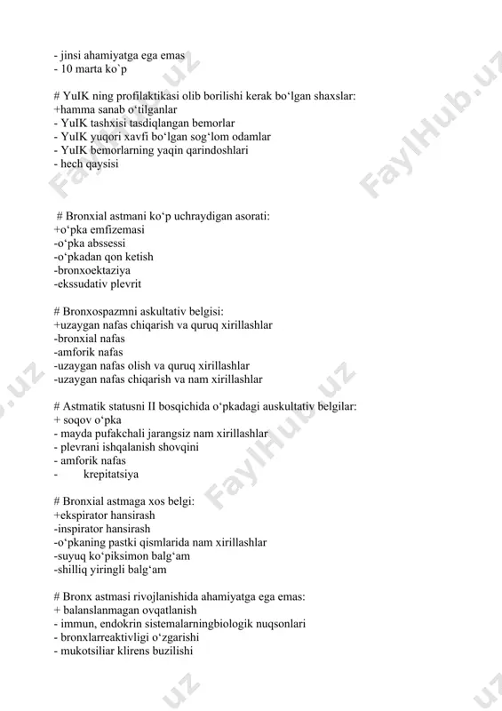 afas faoliyatini tekshirish usuliga kirmaydi: + ko‘krak qafasi rentgenografiyasi - spirografiya - chiqarilayotgan havo gaz tarkibini tekshirish - qonning kislotaishqor holatini tekshirish - pnevmotaxometriya # bronx astmasi xurujini bartaraf qilishda qo‘llanilmaydi: + yallig‘lanishga qarshi nosteroid vositalar/aspirin, analgin -ksantin xosilalari/eufillin -m-xolinolitiklar/atropin, platifillin -glyukokortikoidlar/prednizolon -beta mimetiklar # bronx astmasi tashxisi nima aniqlanganda qo‘yiladi? + hech bo‘lmasa 1 ta bo‘g‘ilish xuruji bo‘lganda -quruq xirillashlar -kuchli hansirash -inspirator hansirash -nam xirillashlar # bronx astmasida balg‘am: -ko‘piksimon pushti rangda -og‘iz to‘la yomon hidli -shilliq yiringli -zangsimon +kam, shishasimon, qiyin ajraladigan # bronx astmasida bemor shikoyati: +bo‘g‘ilish xuruji nafas chiqarish qiyinlashishi bilan, qiyin ajraluvchi balg‘amli yo‘tal -tana harorati ko‘tarilishi -quruq yo‘tal -qon tupurish -xurujsimon yo‘tal shilliq yiringli balg‘am bilan # bronx astmasida kortikosteroidli davoga qarshi ko‘rsatmaga kirmaydi: +revmatik jarayon qo‘zishi -oshqozon va 12 barmoqli ichak yara kasalligi qo‘zishi -arterial gipertenziya -og‘ir osteoporoz -qandli diabet # astmatik statusning ii bosqichida auskultativ ma’lumot: + soqov o‘pka - jarangsiz …