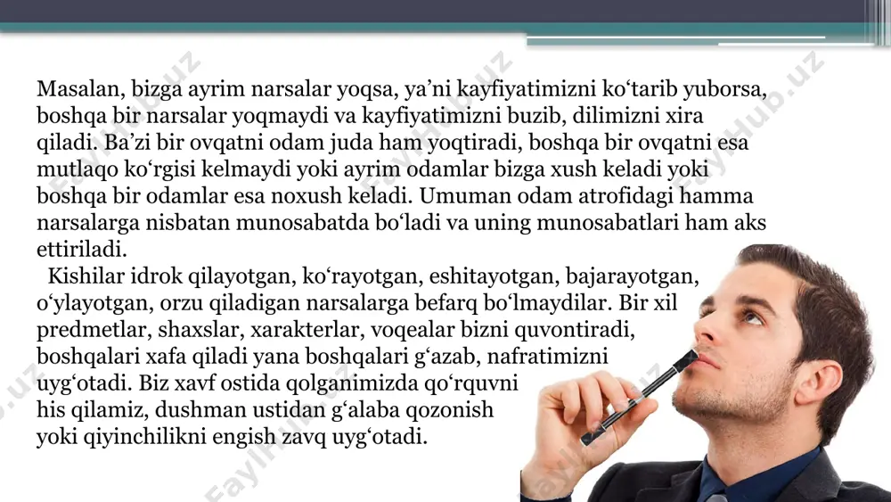 r o‘rtasida o‘rnatiladigan aloqalarga mos keladi, va tasavvurlar o‘rtasidagi nizolika nisbatan ta’sirlanish sifatida ko‘rib chiqiladi, deb hisoblagan i.f. gerbart, bu nazariyaning aniq ifodasini keltirdi. v. vundt ham bu nazariyaning tarafdori edi. shunday qilib, hissiyotlarni tadqiq qilishda ular haqidagi sub’ektiv, ya’ni, hissiyotlarning psixik tabiati haqidagi fikrlar o‘z tasdig‘ini topdi, unga muvofiq psixik jarayonlar ma’lum organik o‘zgarishlarni keltirib chiqaradi. 1872 yilda ch. darvin «inson va hayvonlarda hissiyotlarning ifodalanishi» asarini chop etdi. uning fikriga ko‘ra, hayvon va odam hulq-atvori o‘rtasida umumiyliklar mavjud. o‘z fikrini u hayvonlar va odamlar turli emotsional holatlarining tashqi ifodalanishini kuzatishdan kelib chiqqan holda, asoslab berdi. ushbu kuzatishlardan olingan ma’lumotlar evolyusion ta’limot nomini olgan hissiyotlar nazariyasi asosiga qo‘yildi, bu ta’limotga asosan, hissiyotlar tirik mavjudotlar evolyusiyasi jarayonida hayotiy muhim bo‘lgan organizmning yashash sharoitlari va vaziyatlariga moslashishni ta’minlovchi moslashish mexanizmlari sifatida yuzaga keldi. hissiyotlarning hozirgi zamon tarixi 1884 yilda u. djemsning «hissiyot nima?» maqolasining chop etilishidan boshlanadi. u. djems va undan mustaqil …