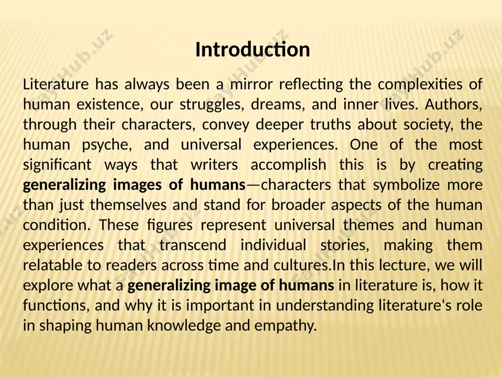 loss, conflict, or identity—that resonate with readers across time and cultures. what is a generalizing image of humans in literature? a generalizing image in literature refers to a character or symbol that represents more than just an individual. instead, it stands for collective human experiences, emotions, or social conditions. these images transcend personal traits and encapsulate universal themes like love, suffering, ambition, or the struggle for justice.the purpose of such images is not merely to tell the story of one person's life, but to reflect broader human truths. these figures often embody certain qualities, issues, or experiences that all people—regardless of their time, culture, or background—can relate to. through these generalizing images, writers aim to connect with their audience on a deeper level, making the work more resonant and relevant across different contexts. for example, a hero in a story may not just represent an individual but rather the universal …