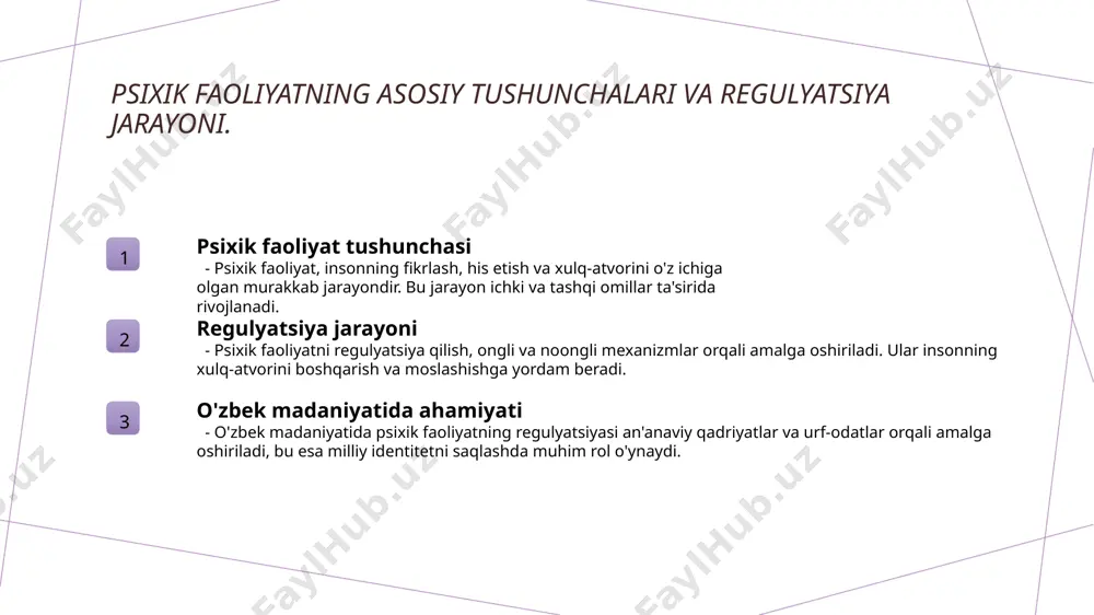 regulyatsiya qilishning an'anaviy usullari. 1 an'anaviy usullar - o'zbek madaniyatida psixik faoliyatni boshqarish uchun an'anaviy usullar, masalan, milliy urf-odatlar va marosimlar muhim ahamiyatga ega. 2 mahalliy e'tiqodlar - o'zbekistonning mahalliy e'tiqodlari, ruhiy holatni tartibga solishda muhim rol o'ynaydi, bu usullar o'zbeklar orasida keng tarqalgan. 3 san'at va musiqaning roli - o'zbek san'ati va musiqasi psixik faoliyatni regulyatsiya qilishda asosiy vosita sifatida xizmat qiladi, ruhiy barqarorlikni ta'minlaydi va hissiy xotiralarni kuchaytiradi. zamonaviy o'zbek psixologiyasida mental faoliyatni boshqarish. zamonaviy o'zbek psixologiyasida mental faoliyatni boshqarish, psixologik mexanizmlarni o'rganish orqali amalga oshiriladi. bu jarayonda kognitiv jarayonlar, hissiy holatlar va madaniy omillar muhim rol o'ynaydi. o'zbek psixologiyasi, an'anaviy va zamonaviy uslublarni birlashtirib, insonning ruhiy faoliyatini samarali boshqarishga yordam beradi. photo by mika baumeister on unsplash o'zbek xalq og'zaki ijodida psixologik regulyatsiyaning o'rni. o'zbek xalq og'zaki ijodi psixologik regulyatsiya madaniy ta'sir o'zbek xalq og'zaki ijodi, xalqning tarixiy va madaniy merosini saqlovchi, psixologik regulyatsiyaning kuchli vositasi sifatida …