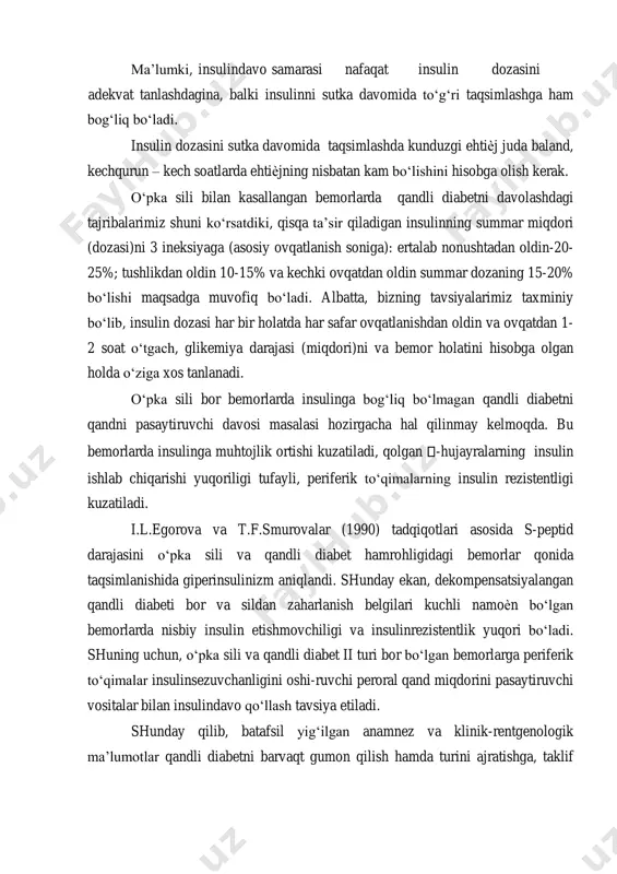 arimiz taxminiy bo‘lib, insulin dozasi har bir holatda har safar ovqatlanishdan oldin va ovqatdan 1- 2 soat o‘tgach, glikemiya darajasi (miqdori)ni va bemor holatini hisobga olgan holda o‘ziga xos tanlanadi. o‘pka sili bor bemorlarda insulinga bog‘liq bo‘lmagan qandli diabetni qandni pasaytiruvchi davosi masalasi hozirgacha hal qilinmay kelmoqda. bu bemorlarda insulinga muhtojlik ortishi kuzatiladi, qolgan -hujayralarning insulin ishlab chiqarishi yuqoriligi tufayli, periferik to‘qimalarning insulin rezistentligi kuzatiladi. i.l.egorova va t.f.smurovalar (1990) tadqiqotlari asosida s-peptid darajasini o‘pka sili va qandli diabet hamrohligidagi bemorlar qonida taqsimlanishida giperinsulinizm aniqlandi. shunday ekan, dekompensatsiyalangan qandli diabeti bor va sildan zaharlanish belgilari kuchli namoѐn bo‘lgan bemorlarda nisbiy insulin etishmovchiligi va insulinrezistentlik yuqori bo‘ladi. shuning uchun, o‘pka sili va qandli diabet ii turi bor bo‘lgan bemorlarga periferik to‘qimalar insulinsezuvchanligini oshi-ruvchi peroral qand miqdorini pasaytiruvchi vositalar bilan insulindavo qo‘llash tavsiya etiladi. shunday qilib, batafsil yig‘ilgan anamnez va klinik-rentgenologik ma’lumotlar qandli diabetni barvaqt gumon qilish hamda turini ajratishga, taklif qilinaѐtgan laborator …