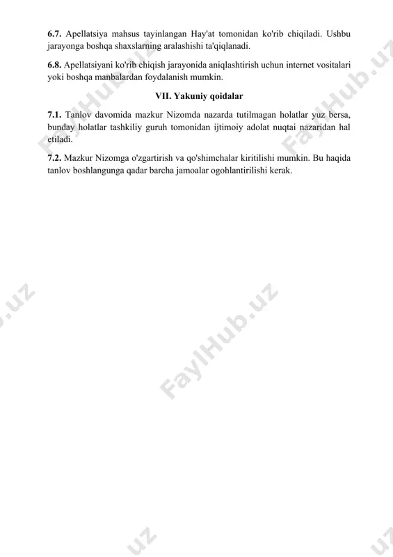 oydalanish mumkin. vii. yakuniy qoidalar 7.1. tanlov davomida mazkur nizomda nazarda tutilmagan holatlar yuz bersa, bunday holatlar tashkiliy guruh tomonidan ijtimoiy adolat nuqtai nazaridan hal etiladi. 7.2. mazkur nizomga o'zgartirish va qo'shimchalar kiritilishi mumkin. bu haqida tanlov boshlangunga qadar barcha jamoalar ogohlantirilishi kerak. 1-ilova (ma’lumotnoma shakli) ma’lumotnoma “konstitutsiya bilimdonlari” tanlovida _________(jamoa) nomidan quyidagi tarkibdagi jamoa ishtirok tishini ma`lum qilaman. jamoa sardori_________ n f.i.ish kim sifatida qatnashadi fakultet guruh telefon raqami 1 jamoa sardori 2 jamoa a`zosi 3 jamoa a`zosi 4 jamoa a`zosi 5 jamoa a`zosi 6 jamoa a`zosi 7 jamoa a`zosi jamoa to’g’risidagi ma’lumotlarni @murodjon_nabijonov telegram manziliga yuborishingiz lozim.