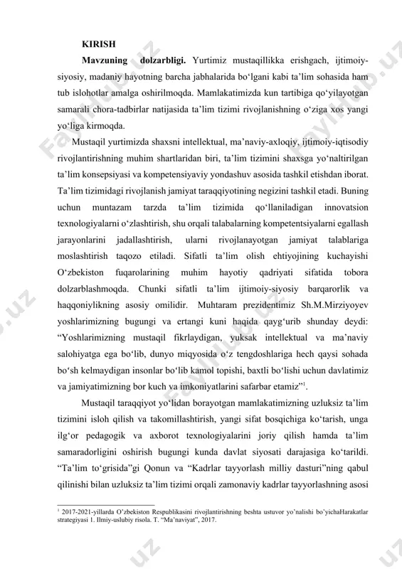 крестьянской семье “alisher navoiyning “hayrat ul-abror” dostonini o’rganishda interfaol metodlardan foydalanish” mavzusidagi mundarija kirish i bob. “hayratul abror” dostonini o‘qitishning ilmiy-nazariy asoslari 11. alisher navoiyning “hayratul abror” dostoni modulida o‘rganiladigan asosiy masalalar 1.2. alisher navoiyning “hayratul abror” dostoni modulini o‘qitishga doir zamonaviy yondashuvlar i bob. alisher navoiyning “hayratul abror” dostoni modulini o‘qitishda interfaol metodlardan foydalanishning o‘quv-uslubiy ta’minoti. 2.1. o‘quv fani dasturining qisqacha tavsifi. 2.2. ma’ruza va amaliy mashg‘ulotlarning ta’lim texnologiyasi. xulosa va tavsiyalar foydalanilgan adabiyotlar ro‘yxati kirish mavzuning dolzarbligi. yurtimiz mustaqillikka erishgach, ijtimoiy-siyosiy, madaniy hayotning barcha jabhalarida bo‘lgani kabi ta’lim sohasida ham tub islohotlar amalga oshirilmoqda. mamlakatimizda kun tartibiga qo‘yilayotgan samarali chora-tadbirlar natijasida ta’lim tizimi rivojlanishning o‘ziga xos yangi yo‘liga kirmoqda. mustaqil yurtimizda shaxsni intellektual, ma’naviy-axloqiy, ijtimoiy-iqtisodiy rivojlantirishning muhim shartlaridan biri, ta’lim tizimini shaxsga yo‘naltirilgan ta’lim konsepsiyasi va kompetensiyaviy yondashuv asosida tashkil etishdan iborat. ta’lim tizimidagi rivojlanish jamiyat taraqqiyotining negizini tashkil etadi. buning uchun muntazam tarzda ta’lim tizimida qo‘llaniladigan innovatsion …