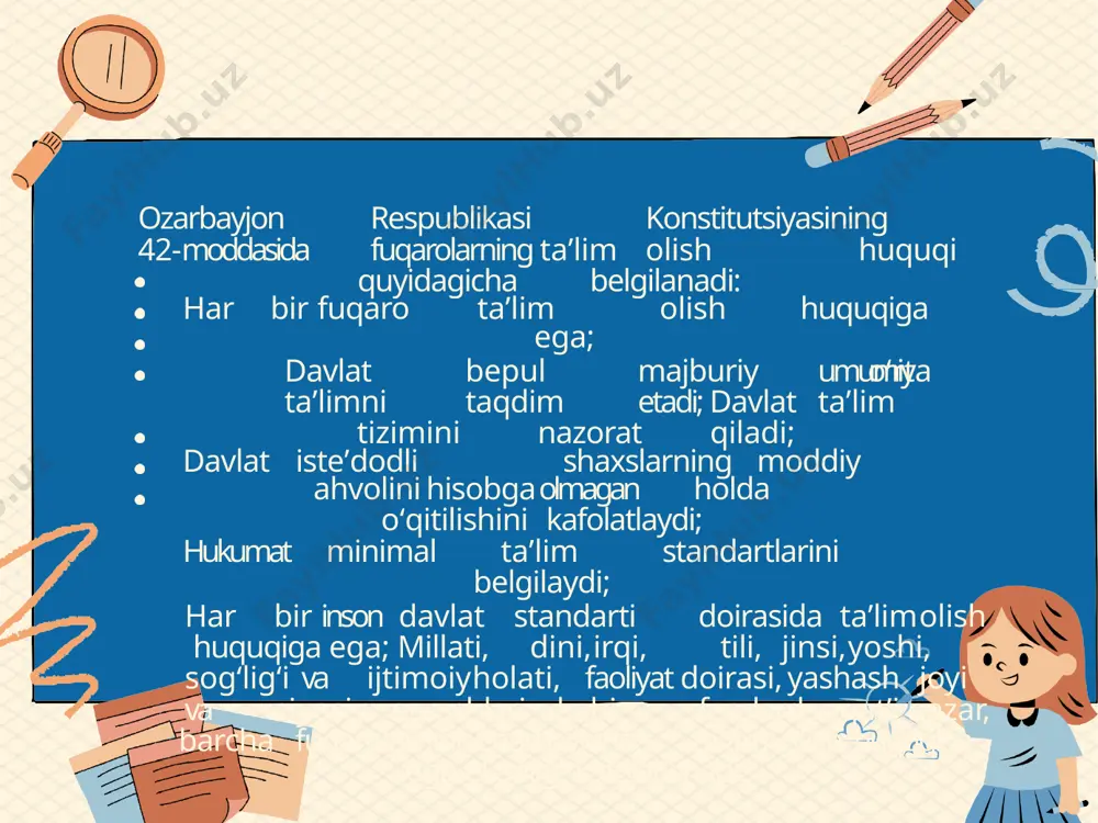 to‘liq o‘rta ta’limni tamomlash uchun imtihon topshiradilar. toʻliq oʻrta taʼlim toʻliq oʻrta taʼlim 10 va 11-sinflarni qamrab oladi, shuningdek, ozarbayjon davlat maktablarida bepul. bu bosqichda talabalar kelajakdagi kasbini tanlashadi va har yili yozda o'tkaziladigan kirish imtihonlariga tayyorgarlik ko'rishadi. bu talabalar jamoasining eng zaif davri hisoblanadi, asosan yuqori ball olish va maktab to'lovlarini to'lash uchun hukumatdan to'liq stipendiya olish uchun raqobatli kirish imtihonlari natijasida yuzaga kelgan stress darajasi bilan bog'liq. kirish imtihoni kirish imtihonlari har yili ozarbayjonning turli mintaqalaridagi universitetlarda o'tkaziladigan rasmiy davlat imtihonlaridir. ilgari 2017-yilgacha bepul bo‘lgan, ammo kirish imtihonlarida qatnashmoqchi bo‘lgan talabalar endi 40 ₼ (2017-yil 5-may holatiga ko‘ra 23,5 aqsh dollari) to‘lashlari kerak. baho yuqoriroq tizimga asoslanadi: maksimal ball – 700. talabalar o‘zlari bosib o‘tgan yo‘lga ko‘ra har bir fandan 25 ta savolga javob berishlari kerak, natijada har bir kasbiy guruh uchun 5 tadan fan bo‘ladi. kasb-hunar maktablariga borishni rejalashtirganlar uchun jami 4 ta asosiy kasb guruhlari va …