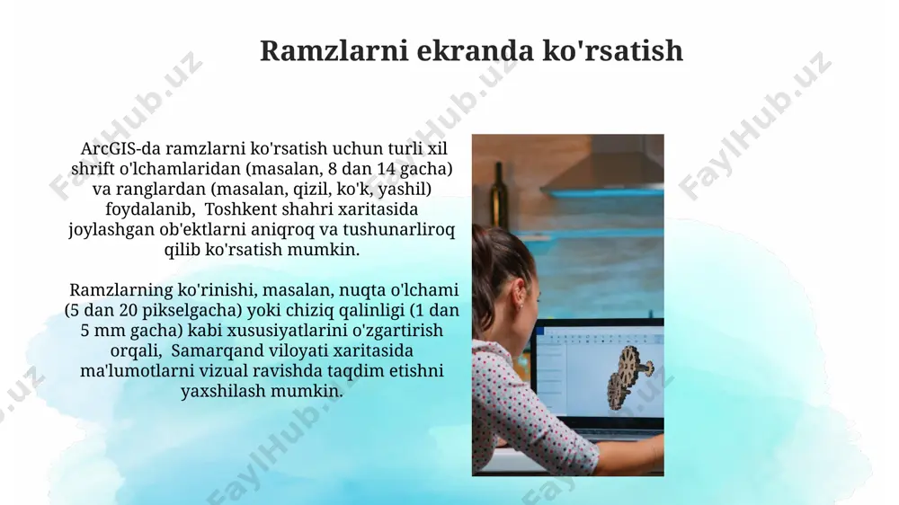 da, ram hajmini hisobga olib, ramzlar sonini optimallashtirish kerak. 2 gb ram uchun 500 ta ramzdan ko'proq ramz yuklash tizimning sekin ishlashiga olib kelishi mumkin. ramzlarni eksport qilish va import qilish arcgis 10.8 versiyasida o'zbekiston hududidagi ramzlarni .sym fayli sifatida eksport qilish va keyinchalik boshqa loyihada import qilish orqali 500 dan ortiq ramzni tezda qo'llash mumkin. to'g'ri fayl yo'lini ko'rsatish orqali, masalan, "c:\ramzlar\meningramzlarim.sym" yo'nalishi bilan 200 dan ortiq turdagi ramzlarni import qilish jarayoni 1 daqiqadan kam vaqtni oladi. ramzlarni chop etish samarqand viloyati xaritasida 500 dan ortiq obyektlar uchun noyob ramzlar yaratishda, symbology layerlarini ishlatish va ramzlarni geodatabase'ga saqlash tavsiya etiladi. arcgis'da 10 dan ortiq ramzlarni toshkent shahri xaritasiga qo'shganda, fayl hajmi sezilarli darajada oshib ketishi mumkin, shuning uchun ularni optimallashtirish kerak. simvol jadvallari bilan ishlash symbol jadvallari, qatlamning koʻrinishini boshqarishda muhim rol oʻynaydi. masalan, 5 ta turli qatlamni bir xil uslubda (masalan, harbiy xarita uslubida) 200 dan ortiq ramzlar …