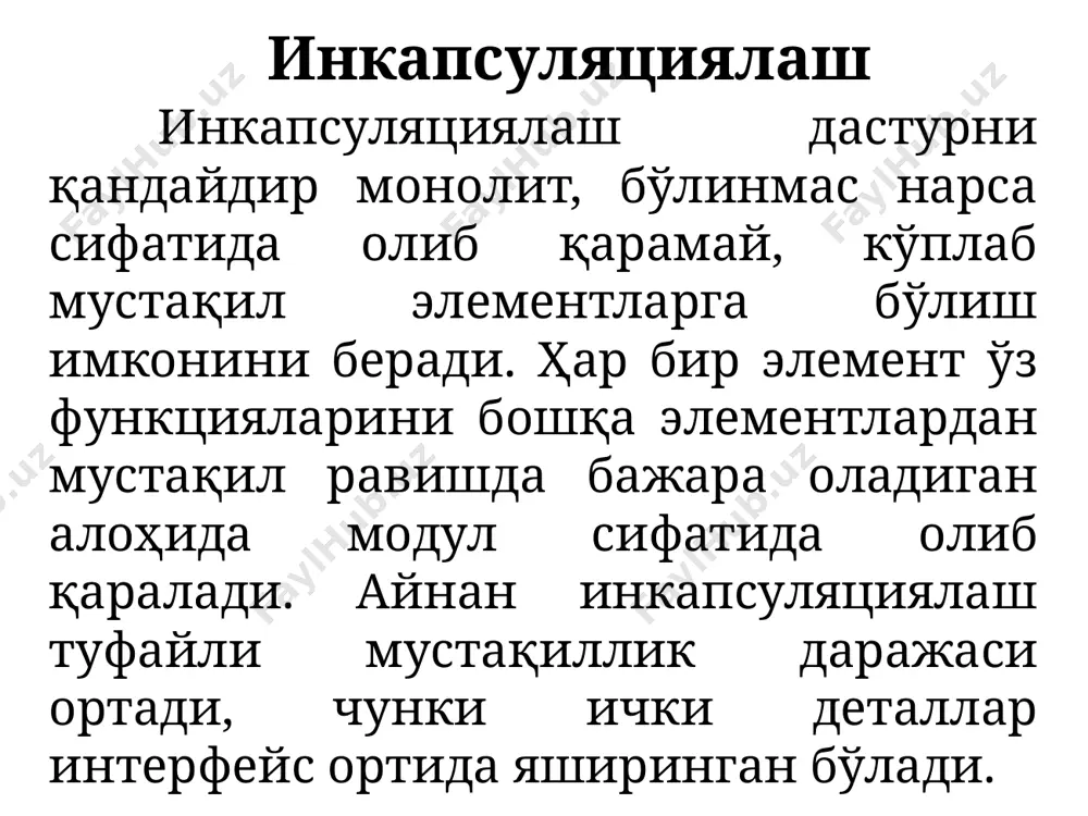 лар ёки ҳусусиятларни қўшади; - рекурсив: янги синф ўз аждодлари методлари ёки ҳусусиятларини тўғридан-тўғри олиб қўя қолади. ворислик турлари ворислик уч асосий ҳолларда қўлланади: 1. кўп марталаб фойдаланишда; 2. ажралиб туриш учун; 3. турларни алмаштириш учун. қандайдир бир элементни оммавий интерфейсга киритиш ёки, аксинча, ундан чиқариш учун, калит сўздан фойдаланиш керак. объектга мўлжалланган дастурлашнинг ҳар бир тилида калит сўзлар тўплами белгиланган, бироқ бу сўзлар асосан бир ҳил функцияларни бажаради. объектга мўлжалланган тилларнинг кўпчилигида киришнинг учта даражаси мавжуд. оммавий, хусусий ва ҳимояланган киришлар – оммавий (public ) – барча объектлар кириши учун рухсат бор; – ҳимояланган (protected) - фақат ушбу экземплярга ва ҳар қандай тармоқ синфларга киришга рухсат бор; – хусусий (private) - фақат ушбу экземплярга киришга рухсат бор. 15 классларни ёзиш қоидалари классларни ёзишда биз функцияларни ёзишдаги тартиб қоидаларга риоя қиламиз. класснинг биринчи қаторига калит сўз class ва класс номи, сўнгра янги қатордан фигурали қавслар очилади ва унинг ичига класс …