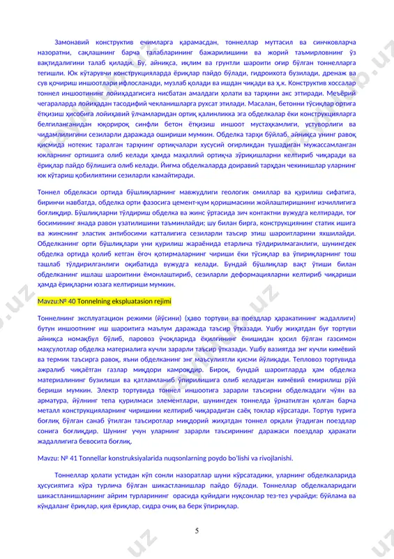 kelishi oqibatida siljiy boshlaydi. shu tufayli sho'rlanib yuvilishga moyil bo'lgan jinslar, gipslar, angidritlar, ohaktoshli va dolomitli jinslar ichra bunyod qilingan tonnellarga alohida e'tibor qaratmoq lozim. tonnel o'rnashgan joylardagi jinslarning xossalari obdelkaning statik ishi sharoitlariga sezilarli ta'sir o'tkazib – bu ko'pchishga moyil bo'lgan gillar va gilli slanetslarda, shuningdek shiddatli ko'piradigan mergellarda o'rnashgan tonnelda ayniqsa nojoiz. elastik antibosim koeffitsientining qiymati katta bo'lganida (k ≤ 20 mpa) jinsning passiv antibosimi obdelkaning jins tomon siljishi va deformatsiyalanishini istisno qiladi. ushbu koeffitsientning kichik qiymatlarida esa hisobiy sxemalarda jinsning elastik antibosimini e'tiborga olish, obdelkani erkin deformatsiyalanish sharoitlarida qaraydigan, qabul qilingan sxemalarga nisbatan hisobiy zo'riqishlarning sezilarli kamayishini beradi. tonnel obdelkasini o'rab turgan jinslarning xossalari vaqt o'tishi bilan turli omillar ta'sirida o'zgarib turishi, natijada esa, obdelkaning statik ishi sharoitlarini o'zgartirishi mumkin. ohaktosh va dala shpatli jinslarning ba'zi turlari emirilish oqibatida tez buzilishi, bunda o'z hajmini orttirishi, hamda obdelkaga qo'poruvchi xususiyatga ega bo'lgan bosim bilan ta'sir o'tkazishi mumkin. jinsning …