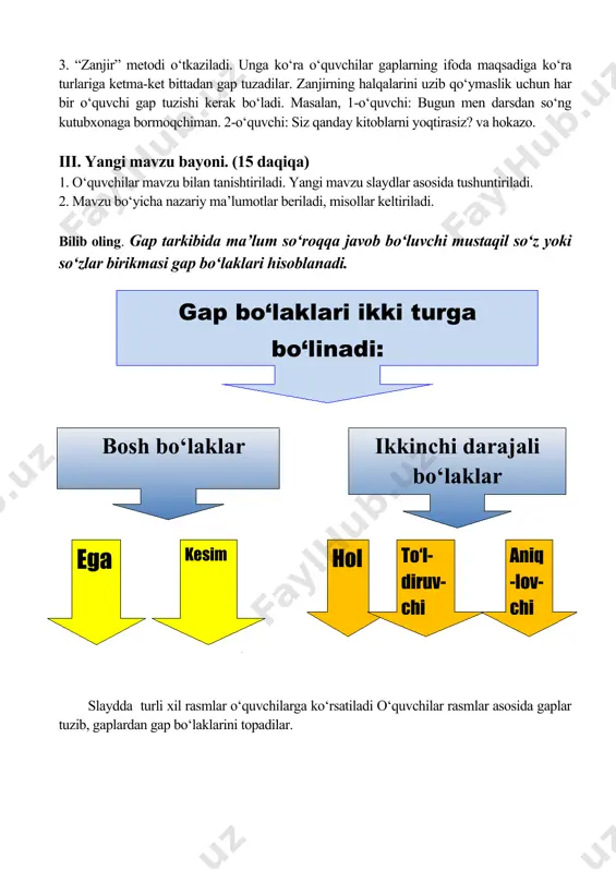 ni, “teskari test” metodi, grammatik topishmoqlar tarqatma materiallar 5. yakuniy qism 5 minut darsda faol qatnashgan o‘quvchilar rag‘batlantiriladi va baholanadi. uyga vazifa beriladi. rag‘batlantirish, topshiriq berish rag‘bat kartochkalari, jurnal, darslik o‘qituvchi: nig‘monova aziza ____________ image1.jpeg image2.jpeg image3.jpeg image4.jpeg image5.jpeg