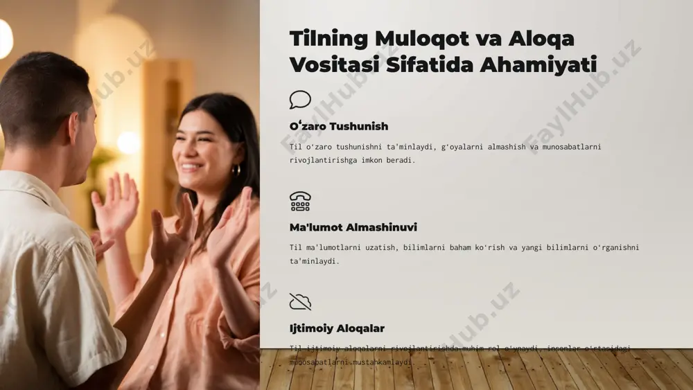 tushunchalarni shakllantirishga yordam beradi idrok qilingan ob'ektlarni tasniflash imkonini beradi ma'lumotlarni tashkil etishda rol o'ynaydi turli xil sezgi organlari orqali olingan ma'lumotlarni birlashtirishga yordam beradi e'tiborni boshqarishga yordam beradi idrok qilingan narsalarga e'tibor qaratishga yordam beradi xotirani faollashtiradi idrok qilingan ma'lumotlarni eslab qolishga yordam beradi 17 tilning ijodiy fikrlashga ta'siri 1 yangicha g'oyalar til yangi g'oyalarni shakllantirish va ifoda etish imkoniyatini beradi. 2 metafora ijodiy fikrlashda metaforalar keng qo'llaniladi. 3 tasavvur til bizga yangi imkoniyatlarni tasavvur qilishga yordam beradi. 18 tilning muloqot qobiliyatiga ta'siri fikrlarni ifoda etish til, fikrlarni aniq va samarali tarzda ifoda etishga imkon beradi. tushunish va tushuntirish til, boshqalarning fikrlarini tushunish va o'z fikrlarini tushuntirish imkonini beradi. aloqa o'rnatish til, odamlar o'rtasida aloqa o'rnatishga va munosabatlarni rivojlantirishga imkon beradi. 19 til va xayol kuchiga ta'siri til xayol kuchiga bevosita ta'sir qiladi. til orqali biz oʻzimizni, atrofimizdagi dunyoni va kelajakdagi voqealarni tasavvur qilishimiz mumkin. tilning tuzilishi va tarkibi …