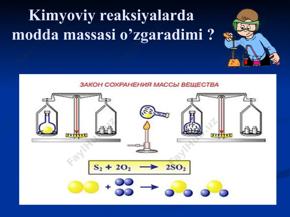 ar yuqori haroratda vodorod bilan tuzsimon birikmalar — gidridlarni hosil qiladi: 2na + h2 = 2nah. yuqori haroratlarda vodorod metallarni ularning kislorodli birikmalari — oksidlaridan qaytaradi (siqib chiqaradi): cuo + h2 = cu + h2o. cuo ning h 2 bilan qaytarilishi vodorod qaytaruvchi vodorod — bu kelajak yonilg‘isi; yonganda faqat suv hosil bo‘ladi va atrof-muhitni ifloslantirmaydi. shuning uchun vodorod ekologik sof yonilg‘i sifatida istiqbolga ega. quyosh qa’rida sodir bo‘ladigan termoyadro reaksiyasi — vodorod- ning geliyga aylanishi ko‘p tabiiy jarayonlar uchun tuganmas yagona energiya manbayi bo‘lib, shu jarayonni sun’iy tarzda olib borishni boshqarish muammosi hal etilsa, insoniyat bitmas- tuganmas energiya manbayiga ega bo‘ladi. vodoroddan elektr tokini olish vodorodning olinishi vodorod yoqilg’isida yuradigan mashina: vodorod yoqilg’isida ishlaydigan kompyuter mustahkamlash: 1. vodorodning lotincha nomi qaysi javobda keltirilgan ? а. hidrogenium b. argentium c. hidrargyrum d. oxigenium 2. vodorod o’z birikmalari- da qanday valentlik namoyon qiladi ? a. iii b. i c. ii d …