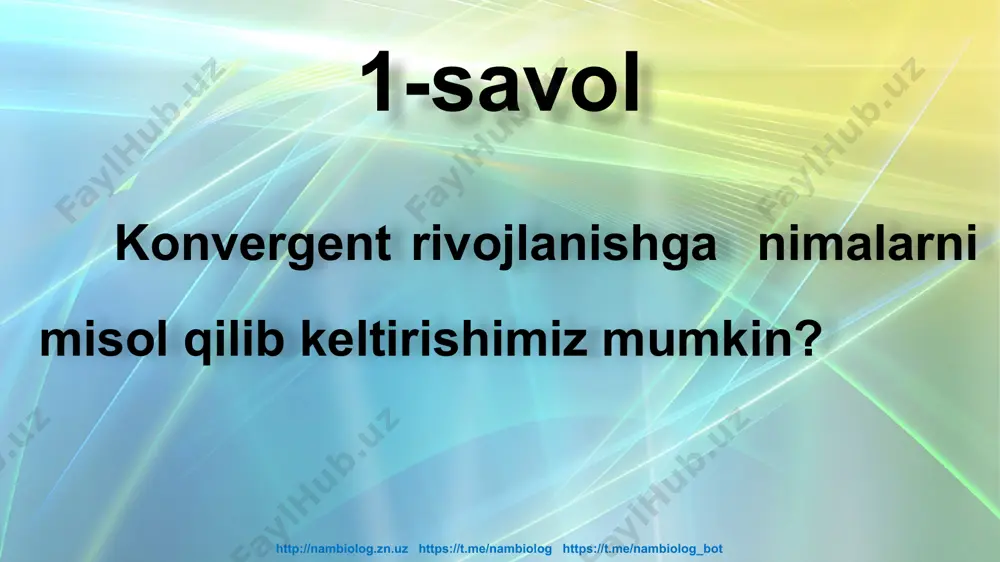 .uz https://t.me/nambiolog https://t.me/nambiolog_bot atrof muhitning tarixiy davrlar mobaynida keng yoki tor doirada o‘zgarishi odatda organizmlar umumiy yoki xususiy moslanish-larni keltirib chiqargan. umumiy moslanish hayot uchun nihoyatda zarur bo‘lgan organlar sistemasining takomillashuvi bilan aloqador. http://nambiolog.zn.uz https://t.me/nambiolog https://t.me/nambiolog_bot agar muhit sharoitning o‘zgarishi bilan: bir turga mansub individlar soni orta borsa; 2) ular ishg‘ol qilgan areal kengaya borsa; 3) tur zaminida yangi populatsiyalar, kenja turlar, turlar va boshqa taksonlar hosil bo‘lsa, bu jarayon biologik yuksalish deb ataladi. biologik yuksalish (progress) http://nambiolog.zn.uz https://t.me/nambiolog https://t.me/nambiolog_bot hozirgi vaqtda markaziy osiyo mintaqasida boshqa qushlarga nisbatan hindiston maynasi biologik progress holatidadir. dastlab xx asr boshlarida hindiston maynasi markaziy osiyoning chegara tumanlarida uchragan bo‘lsa, hozirgi vaqtga kelib uni shimoliy tumanlar hamda boshqa respublika va viloyatlarda ham ko‘rish mumkin. http://nambiolog.zn.uz https://t.me/nambiolog https://t.me/nambiolog_bot http://nambiolog.zn.uz https://t.me/nambiolog https://t.me/nambiolog_bot biologik progressning asosiy yo‘nalishlari umumiy degeneratsiya idioadaptatsiya aromorfoz morfoﬁziologik yuksalish deganda organizmlar tuzilishining umumiy darajasini, hayot faoliyati yuksalishini amalga oshiradigan evolutsion o‘zgarishlar tushuniladi. aromorfozlar yashash …