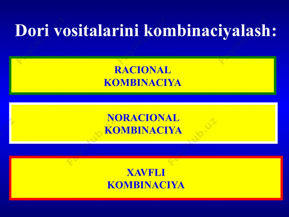 i ikkala dv ikki xil nishon molekulaga ta`sir etadi dv larni ovqat maxsulotlari, nikotin, alkogol bilan o`zaro ta`siri ovqat maxsulotlarini dv so`rilishiga ta`siri oshadi sekinlashadi kamayadi amitriptilin, propranolol, gidralazin, grizeofulvin, gidroxlortiazid, difenin, kariamazepin, etil biskumacetat, diazepam, spironolakton, furadonin, furazolidon, xloroxin digoksin, diklofenak, kaliy preparatlari, acetaminofen (paracetamol), sulfanilamidlar, fenobarbital, furosemid, xinidin, cimetidin ampicillin, antipirin, digoksin, doksiciklin, ibuprofen, izoniazid, acetilsalicil kislota, kanamicin, levodopa, xloramfenikol, linkomicin, metaciklin dv larni ovqat maxsulotlari bilan so`rilish bosqishidagi o`zaro ta`siri (1) образец текста второй уровень третий уровень четвертый уровень пятый уровень dv larni ovqat maxsulotlari bilan so`rilish bosqishidagi o`zaro ta`siri (2) oshqozonda xlorid kislota sekreciyasini oshiruvchi maxsulotlar yarimsintetik penicillinlar + kislotali muhitda yarimsintetik penicillinlarni parchalanishi dv larni ovqat maxsulotlari bilan so`rilish bosqichidagi o`zaro ta`siri (3) kalciyga boy maxsulotlar tetraciklinlar ftorxinolonlar + so`rilmaydigan komplekslar xosil bo`ladi greypfrut sharbati cyp3a4ning kuchli ingbiitori hisoilanadi, bu esa quyidagi preparatlarning bilogik o`zlashtirishini oshiradi nifedipinni 100%ga ciklosporinni 62%ga midozalamni 52%ga cizapridni 52%ga triazolamni …