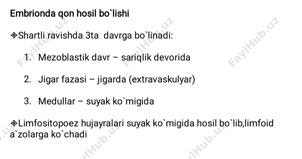 ixromotafil eritroblast ribosoma bazofil komponent hb esa oksifil komponent 3.oksifil eritroblast ribosomalar kamayadi hb ko`p (oksifillik beradi) yadro zich, bo`linmaydi bosqich oxirida yadro itarib chiqariladi      vi sinf hujayra (yetuk hujayralar) 1.retikulotsitlar yadrosi yo`q sitoplazmasi donado(qari mitoxondryalar va ribosoma qoldiqlari hisobiga) romanovskiy usulida yetuk eritrotsitdek ko`rinadi 2.eritrotsitlar yadrosi yo`q donador-to`rsimon ko`rinish yo`qolib ketgan       granulositopoez miyeloblast(iv sinf hujayralar) o`lchami kattalashgan sintez jadal promiyelotsit (v sinf hujayralar) sitoplazamasida azurofil donadorlik bor(nosptsifik granulalar hisobiga) spetsifik granulalar yo`q (shuning uchun 3ta turi farqlanmaydi) yumaloq yadroli bo`linish xususiyati bor          miyelotsit (vi sinf hujayralar) ikkilamchi granulalar bor shu sabab neytrofil, bazofil va eozinofil farqlanadi yadrosi yumaloq bo`linish xususiyati bor granulopoetik qatorning bo`lina oluvchi so`nggi hujayralari metamiyeloblast tayoqcha yadroli -> segment yadroli umumiy yo`nalish bo`yicha o`zgarishi yadro zichlashib boradi segmentlarga ajralib , bo`lina olmay qoladi    …