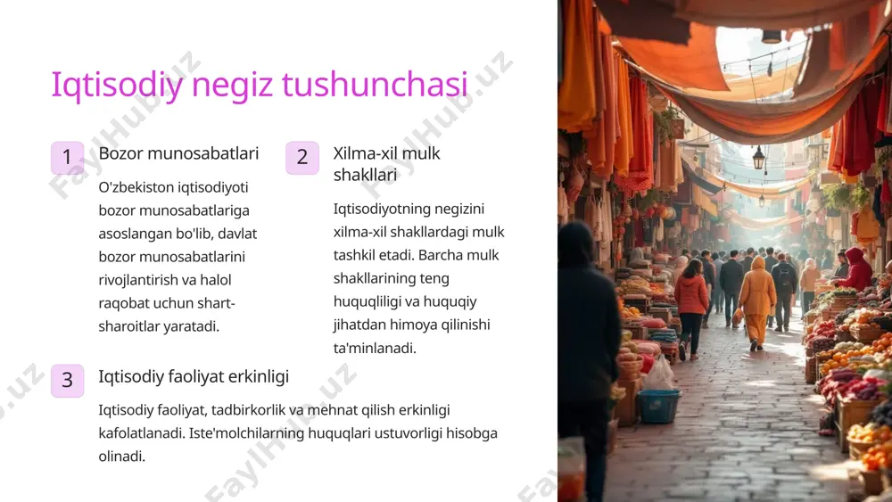 moyasi davlat xususiy mulkdor huquqlarining himoyachisidir. xususiy mulkni himoya qilish va mulkdorlar huquqlarining kafolatlari to'g'risidagi qonunlar ishlab chiqilgan. huquqiy kafolatlar jinoyat va ma'muriy javobgarlik to'g'risidagi kodekslarda mulkka zarar yetkazganlik, mulkka bo'lgan huquqlarni buzish uchun turli javobgarlik choralari belgilangan. 4 iqtisodiy faoliyat, tadbirkorlik va mehnat qilish erkinligi 1 iqtisodiy erkinlik konstitutsiya iqtisodiy faoliyat erkinligini kafolatlaydi. bu davlatning iqtisodiyotga aralashuvini cheklash va xususiy tashabbusni rag'batlantirishni anglatadi. 2 tadbirkorlikni qo'llab-quvvatlash davlat tadbirkorlik faoliyatini qo'llab-quvvatlash, unga qulay sharoitlar yaratib berish bo'yicha keng ko'lamli ishlarni amalga oshirmoqda. tadbirkorlar huquqini himoya qilish mexanizmlari kuchaytirilmoqda. 3 mehnat qilish huquqi har bir shaxs mehnat qilish, erkin kasb tanlash, adolatli mehnat sharoitlarida ishlash va qonunda ko'rsatilgan tartibda ishsizlikdan himoyalanish huquqiga ega. 5 mulkka egalik qilish va mulkdan mahrum qilish asoslari mulkka egalik qilish har bir shaxs mulkdor bo'lish huquqiga ega. mulk huquqi qonunga binoan mehnat faoliyati, tadbirkorlik, mol-mulkni yaratish, xususiylashtirish, meros olish va boshqa qonuniy asoslarda vujudga keladi. mulkdan …