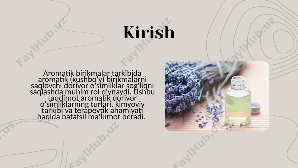 atik dorivor o'simliklar lavanda efir moylari stressni kamaytirish, uyquni yaxshilash va tinchlantirish uchun ishlatiladi. ular kam uglevodli va yuqori aromatik xususiyatga ega. lavanda dorivor o'simlik sifatida qadrlanadi. lavanda – kimyoviy tarkibi va ahamiyati melissa, asosan tinchlantiruvchi va antiviral xususiyatlarga ega. uning efir moylari asabiylikni kamaytiradi va immunitetni oshirishda yordam beradi. melissa xalq tabobatida tinchlantiruvchi dori sifatida keng ishlatiladi. melissa – foydali xususiyatlari va qo'llanilishi dorivor o'simliklardan efir moylarini olish uchun distillatsiya, presslash va solvensiya usullari qo'llaniladi. ekstraksiya usuli efir moyining sifatiga va tarkibiga ta'sir qiladi. ekstraksiya usullari dorivor o'simliklardan olinadigan preparatlar choy, kapsula, efir moyi va damlama shaklida bo'ladi. ular stressni kamaytirish, uyquni yaxshilash va asabiylikni tinchlantirishda qo'llaniladi. dorivor o'simliklardan tayyorlanadigan preparatlar aromatik dorivor o'simliklar xalq tabobatida stress, bosh og'rig'i va asabiylikni davolashda qo'llaniladi. aromaterapiya esa inson organizmini tinchlantirish va stressdan xalos qilishga yordam beradi. xalq tabobati va aromaterapiya ekologik ta’sir va resurslarni boshqarish aromatik o'simliklarni ekish va himoya qilish …