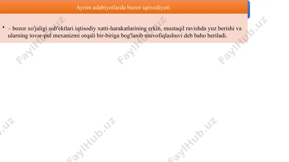 ozor narxi va raqobat kurashlari asosida tartiblanishi; 6 aholining ijtimoiy himoya qilinmasligi, ishsizlikning va aholi ijtimoiy tabaqalashuvining kuchayishi. hozirgi zamon rivojlangan bozor iqtisodiyotining asosiy belgilari: 1 iqtisodiy va tadbirkorlik faoliyatini yuritishning turli mulkchilik shakllari, ya'ni xususiy, davlat, jamoa, aralash va boshqa mulk shakllariga asoslanganligi; 2 kapital va ishlab chiqarishning yuqori darajada umumlashganligi, mulkning bir qismi yirik monopoliyalar va davlat qo'lida to'planib, milliy va xalqaro miqyosda umumlashganligi; 3 iqtisodiyotni tartibga solishda davlatning faol ishtiroki. 4 xo'jaliklarni yuritishda reja usulidan foydalanishning kuchayishi (biznes rejasi, marketing tizimi orqali boshqarish); 5 ijtimoiy himoyaning kuchayishi. bunda davlatga, jamoalar va xususiy kishilarga tegishli turli xil ijtimoiy ta'minot va ijtimoiy sug'urta fondlarining vujudga kelishi. zamonaviy bozor xo'jaligi modellari mezonlar ko'rsatilgan mezonlarga muvofiq keluvchi davlatlar davlat dasturlarining maqsadga yo'naltirilganligi iqtisodiyotni tartibga solish tamoyillari davlat sektorining iqtisodiyotdagi ulushi korporativ iqtisodiyot aralash iqtisodiyot ijtimoiy yo’naltirilgan bozor iqtisodiyoti fuqarolar manfaatlarini himoya qilish uzoq muddatli dasturlarning ishlab chiqilishi 30% germaniya tadbirkorlikni rivojlantirish …