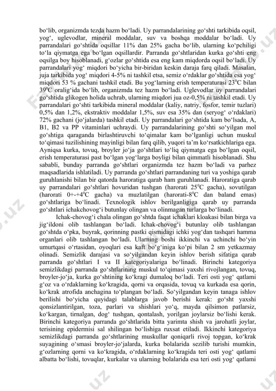 masida turgan. mayda tuxumlar alohida yashiklarga joylashtrlib «mayda» deb ko‘rsatib qo‘yiladi. tuxumlarni 4-60 s va havoning nisbiy namligi 65-70 % bo‘lgan shroitda saqlash maqsada muvofiqdir. texnik nuqsonga ega bo‘lgan tuxumlarni ovqatga ishlatishga ruxsat etilmaydi. tuxum mahsulotlarining sifat ko`rsatkichlari qayta ishlangan tuxum mahsulotlariga muzlatilgan tuxum mahsulotlari va tuxum talqoni kiradi. muzlatilgan tuxum mahsulotlariga tuxum melanji (oqi bilan sarig‘ining aralashmasi), oqi va sarig‘ini alohida-alohida muzlatib olingan mahsulotlar kiradi. muzlatilgan melanj olish uchun ohaklangan va nuqsonlari bor tuxumlar ishlatilmaydi. muzlatilgan tuxum melanjini olish uchun tuxum saralanadi, dezinfeksiya qilinadi, sindiriladi, oqi va sarig‘i aralashtiriladi, suzgichdan o‘tkaziladi, 62-650c da pasterizatsiya qilinadi va sovutiladi. so‘ngra tayyor massa oq tunuka bankalarga joylanib – 18÷ - 200c da banka ichidagi harorat –60c bo‘lguncha muzlatiladi. melanj faqat umumiy ovqatlanish korxonalarida ishlatiladi, sotuvga chiqarilmaydi. melanj zarg‘aldoq rangli, konsistensiyasi qattiq, muzi tushgandan keyin esa och-zarg‘aldoq rangli, suyuq, bir jinsli, begona ta’mlarsiz va hidlarsiz bo‘lishi kerak. xuddi shu yo‘sinda tuxumning oq va …