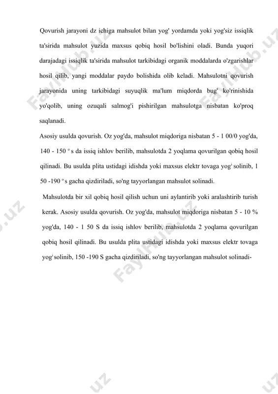 ng nechta usuli mavjud? a) 2 ta v) 5 ta s) 4 ta d) 3 ta 3. oqsillar necha gradusdan yukori darajada koagulyasiyaga uchraydi ya’ni kuyuklasha boshlaydi? a) 500 v) 60 0 s) 700 d) 800 4. 1 l. kaynatma shurva kancha kaloriyaga ega buladi? a) 30-40 v) 15-20 s) 50-60 d) 70-80 5. ugra oshi uchun olingin osh xamir necha daqiqa tindiriladi? a) 30-40 minut v) 20-30 minut s) 10-15 minut d) 20-25 minut
