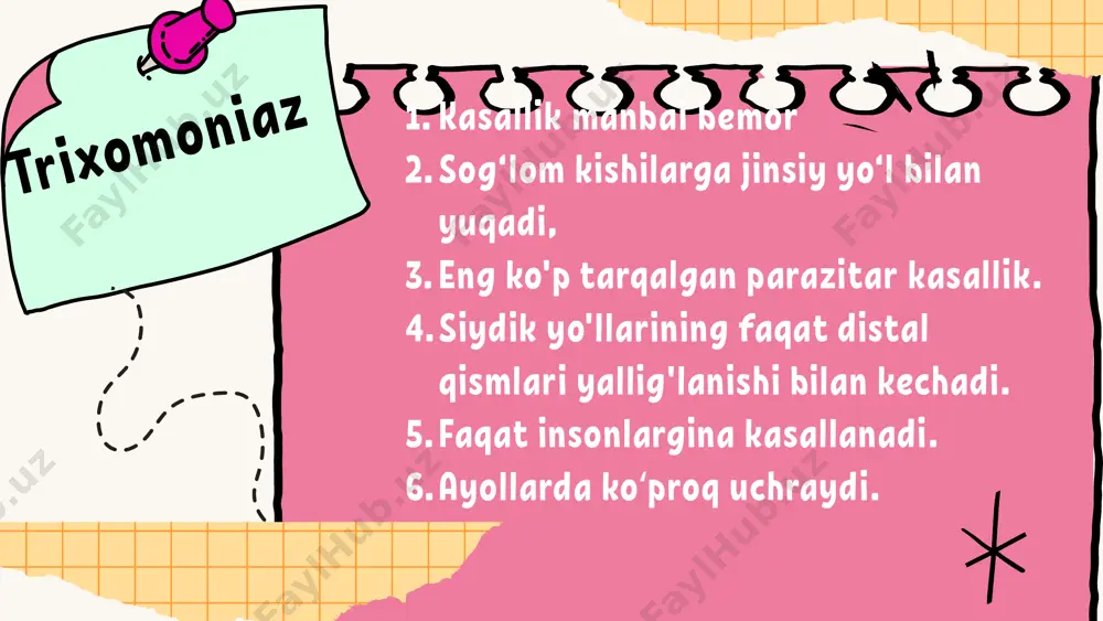 siya usulini qo‘llab, so‘ng bakteriologik (ekib undirish) tekshiriladi. davolashda qoʻzgʻatuvchini bartaraf etiladi. trixomonadalarga ta’sir ko‘rsatadigan preparatlarni berish kerak. dori-darmonlar: 1. antiprotozoar preparatlar: • metronidazol (500 mg 2 marta kuniga, 7 kun davomida). • tinidazol (2 g bir marta yoki kunlik dozalar). 2. jinsiy hamkorni bir vaqtda davolash zarur. qo‘shimcha tavsiyalar: • davolash davrida jinsiy aloqadan voz kechish. • gigiyenaga rioya qilish. • jinsiy hamkorlarni tekshirish va davolash. davolash: ureaplazmoz ureaplazmalar – bu mikoplazmalar oilasiga mansub mikroorganizmlar bo‘lib, jinsiy yo‘l orqali yuqadigan kasalliklarning qo‘zg‘atuvchisi sifatida tanilgan. ular ko‘pincha odamning jinsiy va siydik-tanosil yo‘llarida yashaydi. asosiy turlari: 1. ureaplasma urealyticum 2. ureaplasma parvum etiologiyasi: • qo‘zg‘atuvchi: ureaplazmalar - hujayra devoriga ega bo‘lmagan mikroorganizmlar. • metabolizmi: ureaplazmalar ureani parchalaydi va karbonat angidrid bilan ammiakni hosil qiladi. • hayotiy sharoitlari: ureaplazmalar jinsiy va siydik yo‘llarining shilliq qavatlarida joylashadi va ko‘payadi. yuqish yo‘llari: 1. jinsiy aloqa – asosiy yuqish yo‘li. 2. onadan bolaga (tug‘ruq vaqtida …