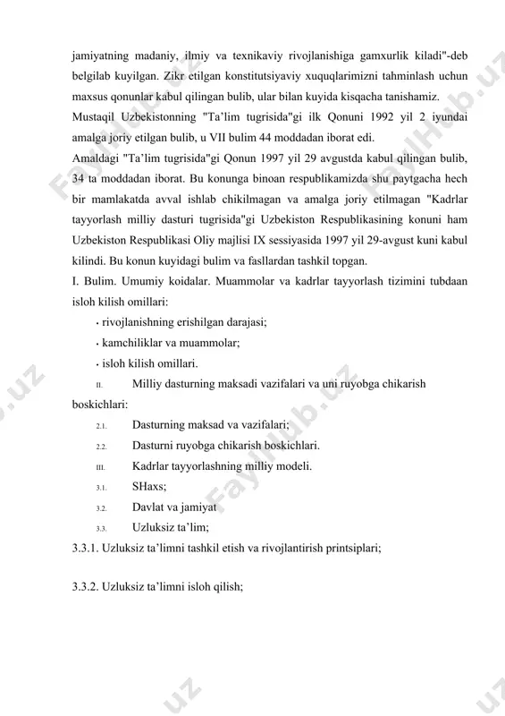 hirish; 4.3. ta’lim jarayonini mazmunan isloh kilish; 4.4. mahnaviy axloqiy tarbiya va mahrifiy ishlar; 4.5. iqtidorli bolalar va istehdodli yoshlar; 4.6. ta’lim tizimnii boshqarish; 4.7. kasb ta’limi tizimi sifatini nazorat qilish tizimini^ shakllantirish; 4.8. ta’lim tizimini moliyalash; 4.9. moddiy-texnika tahminoti; 4.10. ta’lim tizimini yaxlit axborot makoni monitoringini vujudga keltirish; 4.11. ta’lim xizmati kursatish bozorini rivojlantirish; 4.12. ta’lim sohasida ijtimoiy kafolatlarni tahminlash hamda bu sohani davlat tomonidan kullab- tsuvvatlash; 4.13. fan va ta’lim jarayonlari alokalarini rivojlantirish; 4.14. ishlab chiqarish va ta’lim tizimi integratsiyalashuvini rivojlantirish; adabiyotlar ro’yxati: 1. karimov i.a. barkamol avlod – o’zbekiston taraqqiyotining poydevori. –t.: sharq, 1998. 63 b. 2. abdiquddusov.o., rashidov. h. kasb-hunar ta`limi pedagogikasi. o’quv qo’llanma. o’mkhttkmo va uqt instituti, t. – 2009. 120 b. 3. olimov q.t., abduqudusov o. va boshqalar. kasb ta’limi uslubiyoti. - t.: “moliya” nashiriyoti, 2006. – 160 b. 4. shari’ov sh. va b. kasbiy pedagogika (metodik qo’llanma). -t.:td’u, 2006 y. 5. nishonaliev u.n., …