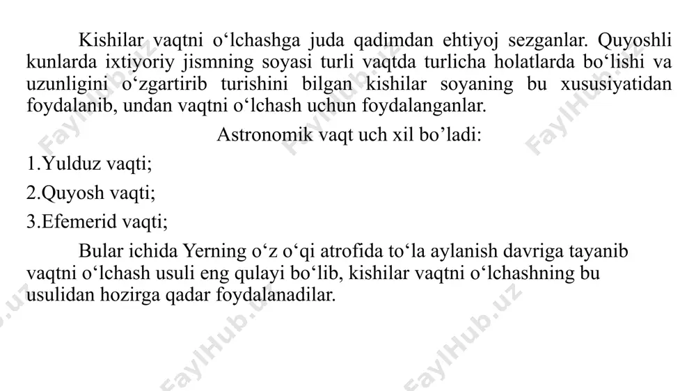 darlar tuzilishiga qarab 3 turga bo’linadi: quyosh kalendarlari. oy kalendarlari. oy-quyosh kalendarlari. yerning quyosh atrofidagi harakati asos qilib olingan kalendarlar quyosh kalendarlari deb yuritiladi. tarixi: 1. quyosh kalendari qadimgi misrda, miloddan avvalgi 3000-yillarda paydo bo‘lgan. u davrda yil fasllarining almashinish davri 360 kunga teng deb, 12 oy 30 kundan qilib olingan. keyinchalik yil uzunligi 365 kun deb topilib, uning barcha oylari 30 kundan, 12-oyi esa 35 kun qilib ishlatilgan. 2. miloddan oldingi iii asrda misrlik astronomlar yil uzunligining 365,25 kunga tengligini aniqladilar. shundan so‘ng, miloddan avvalgi i asrda rim sarkardasi yuliy sezar yilning uzunligi 365,25 kunga teng kalendarni astronomlar yordamida tuzib, uni amalda joriy qildi. keyinchalik bu taqvim yuliy sezar sharafiga yulian kalendari deb ataladigan bo‘ldi. bu taqvimga ko‘ra, uch yil ketma-ket keladigan yillarning uzunligi 365 kundan bo‘lib, to‘rtinchi yili 366 kun qilib olinadi, chunki to‘rt yilda 0,25 kunlik (yillik) qoldiq yig‘ilib, 1 kunga teng bo‘ladi. bu qo‘shimcha kunni fevral …