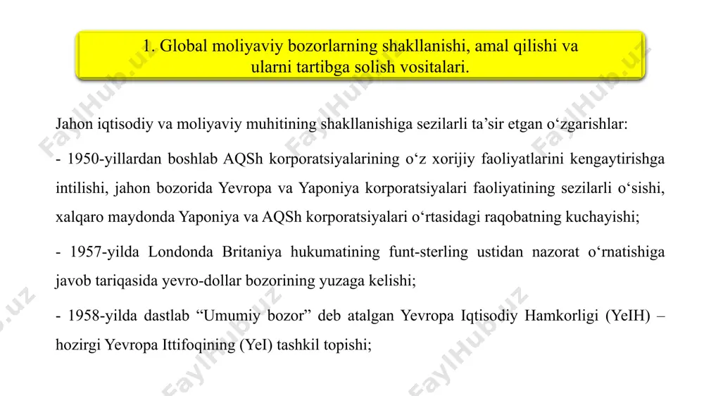 tashqi qarzlariga xizmat ko‘rsatish bilan bog‘liq jahon qarzdorlik inqirozining boshlanishi; - 1980-yillarda yaponiyaning xalqaro moliyaviy kuch va jahon kapitalining manbasi sifatida yetakchi mamlakatga aylanishi; - 1987 yilda “katta yettilik” mamlakatlari tomonidan parijda luvr bitimining imzolanishi. ular o‘z valyuta kurslarining dollarga nisbatan tor tebranish doirasida sun’iy ravishda almashtirish orqali kuchsizlanib borayotgan dollarni qo‘llab- quvvatlashni rejalashtirdilar. shuningdek, ushbu mamlakatlar kelishilgan iqtisodiy siyosat yuritishni mo‘ljalladilar. - 1987 yilda yeih yagona yevropa aktini qabul qilish orqali 1992 yilda yaxlit yevropa bozorini tashkil qilishni rejalashtirilishi. bunda mazkur tashkilotning g‘arbiy yevropa moliyaviy va iqtisodiy holatiga sezilarli ta’sir etishi kutiladi. - 1989-1992 yillarda sharqiy yevropa mamlakatlarining o‘z siyosiy yo‘nalishlarini o‘zgartirishi. ularning kommunistik dunyoqarashdan ko‘p partiyaviylikka, markazdan rejalashtiriladigan iqtisodiyotdan erkin bozor iqtisodiyotiga o‘tishi jahondagi siyosiy, iqtisodiy va moliyaviy holatga chuqur ta’sir etdi. - 1992 yildan keyin yaxlit yevropa bozorining yuzaga kelishi, 1993 yil noyabr oyidan shimoliy amerika erkin savdo bitimining (nafta) kuchga kirishi, 1993 yilda osiyo-tinch okeani iqtisodiy …