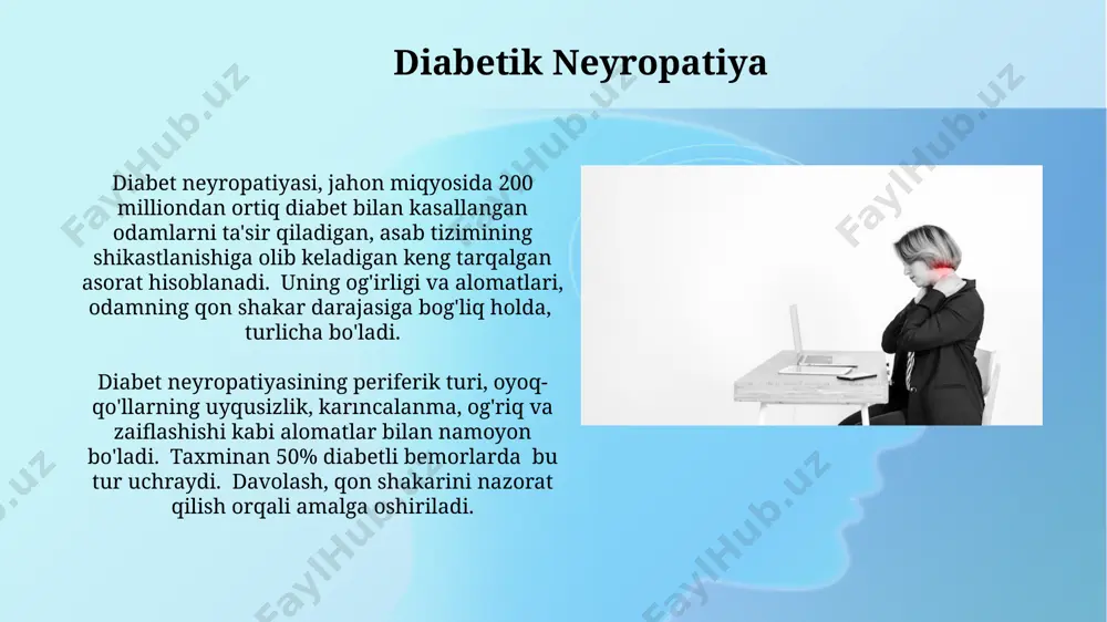 b aniqlanmaydi. trigeminal neyralgiyaning alomatlari trigeminal nevralgiyaning eng keng tarqalgan alomati yuzning bir tomonida, ko'pincha jag' suyagining atrofida, 5-7 soniya davom etadigan qattiq, sanchuvchi og'riqdir, bu esa og'riqning tarqalishiga olib kelishi mumkin. og'riq hujumi 2-3 minut davom etishi mumkin, lekin ba'zi hollarda uzoqroq davom etadi va bir necha soat yoki hatto kunlar davomida takrorlanadi, bu esa bemorning hayotiy faoliyatini buzadi. postherpetic neyralgiyaning sabablari postherpetic nevralgiyaning asosiy sababi, 50 yoshdan oshgan odamlarda herpes zoster virusi (vzv) ning faollashuvi hisoblanadi, bu esa nervlarning yallig'lanishiga va og'riqqa olib keladi. amerika qo'shma shtatlarida yiliga 1 million dan ortiq holatlar qayd etiladi. immunitet sistemasining zaifligi, masalan, 70% dan ortiq hollarda diabet yoki immunitet tanqisligi bilan og'rigan bemorlarda, postherpetic nevralgiya xavfini sezilarli darajada oshiradi. ushbu omillar jahon sog'liqni saqlash tashkiloti tomonidan ham tasdiqlangan. diabetik neyropatiyaning sabablari qandli diabet neyropatiyasi asosan qon shakarining uzoq muddatli yuqori darajasi (200 mg/dl dan yuqori) tufayli periferik asab tolalarining shikastlanishi natijasida …