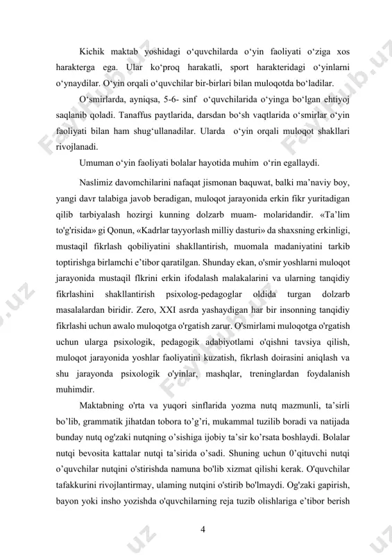 i va natijada bunday nutq og'zaki nutqning o’sishiga ijobiy ta’sir ko’rsata boshlaydi. bolalar nutqi bevosita kattalar nutqi ta’sirida o’sadi. shuning uchun 0’qituvchi nutqi o’quvchilar nutqini o'stirishda namuna bo'lib xizmat qilishi kerak. o'quvchilar tafakkurini rivojlantirmay, ulaming nutqini o'stirib bo'lmaydi. og'zaki gapirish, bayon yoki insho yozishda o'quvchilarning reja tuzib olishlariga e’tibor berish kerak. yozma va og'zaki nutqni o'stirish uchun kitob ustida muntazam ishlash, o'qigan matnlaming tezisi (asosiy mazmuni)ni, konspekti(qiqacha matn bayoni)ni tuzish, ma’ruza, referatlar tayyorlash, adabiy kechalar, yozuvchilar bilan uchrashish muhim ahamiyatga ega. nutq shartli reflekslar paydo bo'lishining umumiy qonunlari asosida o'sadi. agar kishi biror bir tovushni noto'g'ri talaffuz qilishga o'rganib qolgan bo'lsa, unda bu kamchilikni tuzatish qiyin bo'ladi. shuning uchun bolalarda yoshligidanoq ijobiy nutq odatlarini tarbiyalashga ahamiyat berish zarur. bizning yuksak ma’naviy ehtiyojlarimizdan biri muloqotga bo'lgan ehtiyoj. muloqotga bo'lgan ehtiyoj qondirilmasa, ong ham rivojlanmaydi. shuning uchun biz doimo muloqotga bo'lgan ehtiyojimizni qondirishimiz lozim. kimlar bilandir muloqotdan qoniqish, ba’zi hollarda esa qoniqmaslikni …