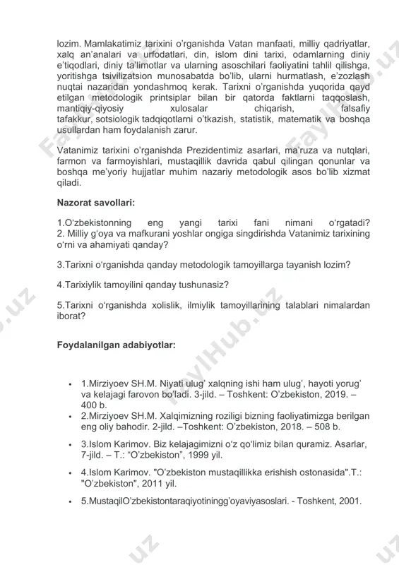 sistik metodologiyaning yaroqsizligi aybdor deyish kifoya qilmaydi, albatta. bu borada mamlakatda hukmron bo’lgan totalitar tuzumning salbiy roli katta bo’ldi. tarix fani totalitar tuzum xizmatkoriga, tashviqotchisiga, himoyachisiga, kommunistik mafkura dumiga aylantirilgan edi. mustaqillikyillaridatarixfaninio’rganishdaquyidagiyangitamoyillarkiribkeldi. ya’ni, insoniyat tarixini, tarixiy voqea, hodisalarni to’g‘ri yoritish va o’rganish uchun bir qator muhim nazariy metodologik printsiplarga tayanmoq zarur. dialektik metod ana shunday printsiplardan biridir. insoniyat hayoti, jamiyat taraqqiyoti dialektik jarayondir. dialektika olam yagona va yaxlit, unda sodir bo’ladigan hodisalar, voqealar umumiy va o’zaro bog‘lanishda, uzluksiz harakatda, ziddiyatli taraqqiyotda bo’ladi deb ta’lim beradi. dialektik metodologiya har qanday mamlakat tarixini, shu jumladan, o‘zbekistonning eng yangi tarixini, o’zbek xalqi tarixini jahon xalqlari tarixi bilan bog‘liq holda o’rganishni taqazo etadi. negaki, har bir xalq tarixida milliylik, o’ziga xos betakror xususiyatlari bilan birga jahon tarixi, butun insoniyat taraqqiyoti bilan umumiy bog‘lanishdadir.darhaqiqat, o‘zbekiston tarixi avvalo markaziy osiyo mamlakatlari tarixi bilan, qolaversa, butun jahon xalqlari tarixi bilan chambarchas bog‘langan. tarixiy voqea, hodisalarni o’rganish, tahlil …